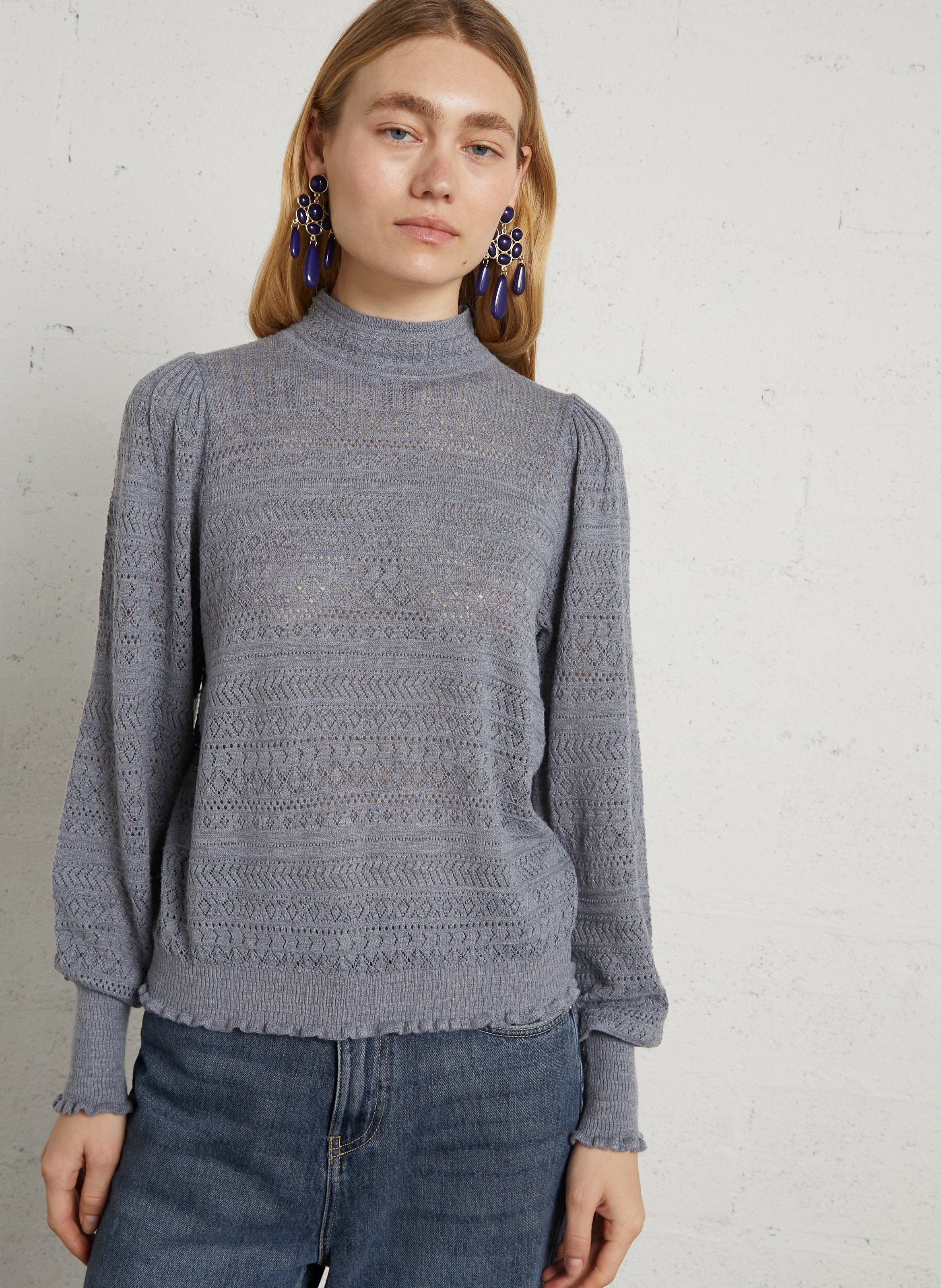 Pullover mit hochgeschlossenem Kragen aus Lochstrickspitze PETITE MENDIGOTE Grau