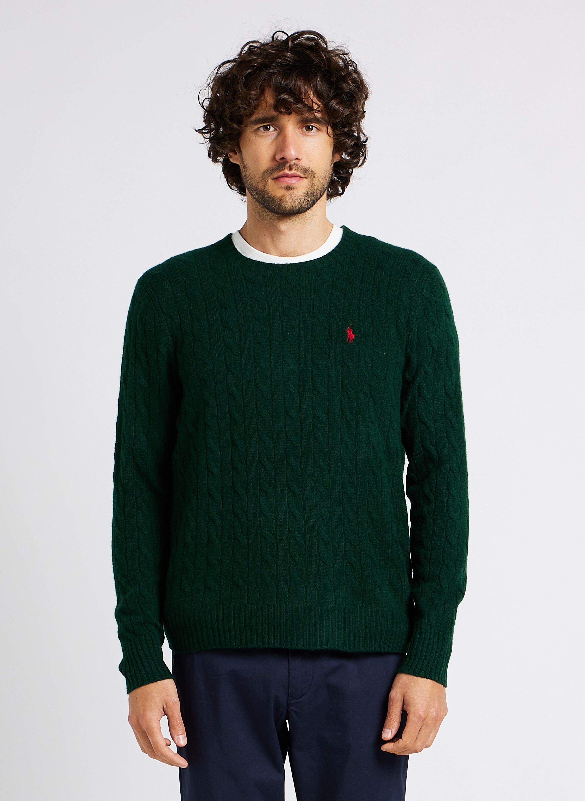 Pull droit col rond torsad en laine Vert