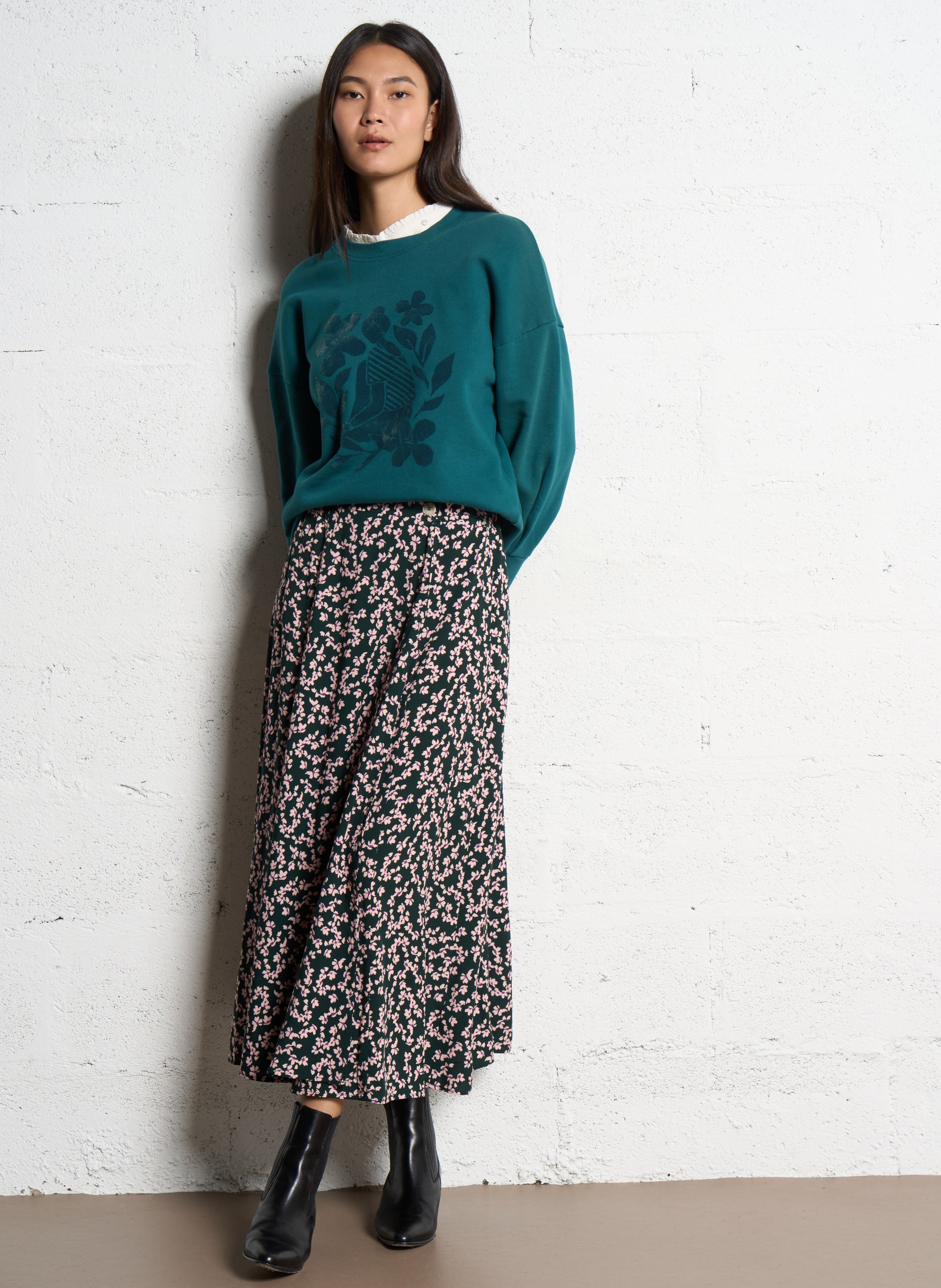 Rechte sweater met zeefdruk en afneembare kraag ONE STEP Groen