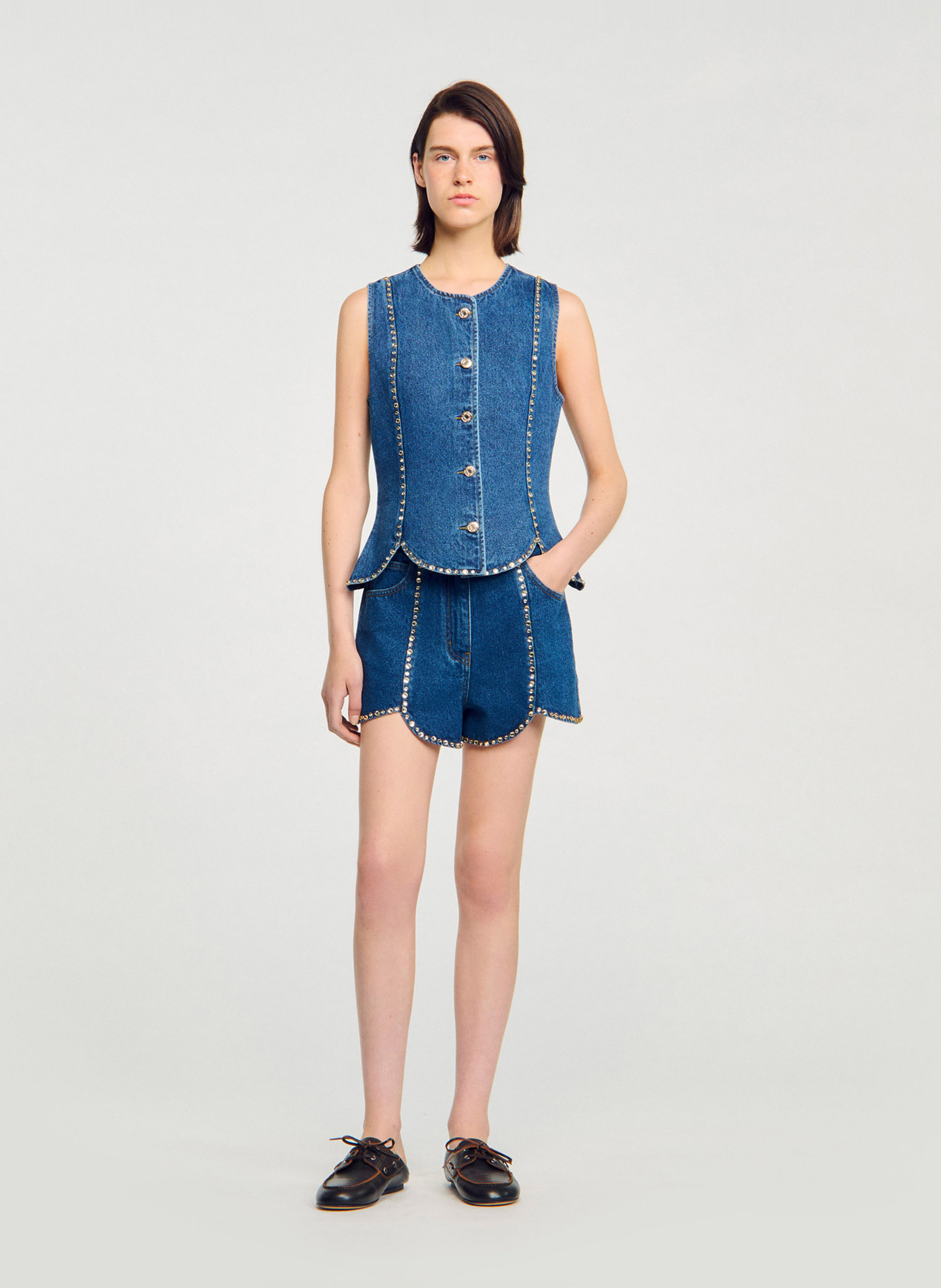 Top col rond en denim de coton SANDRO Bleu