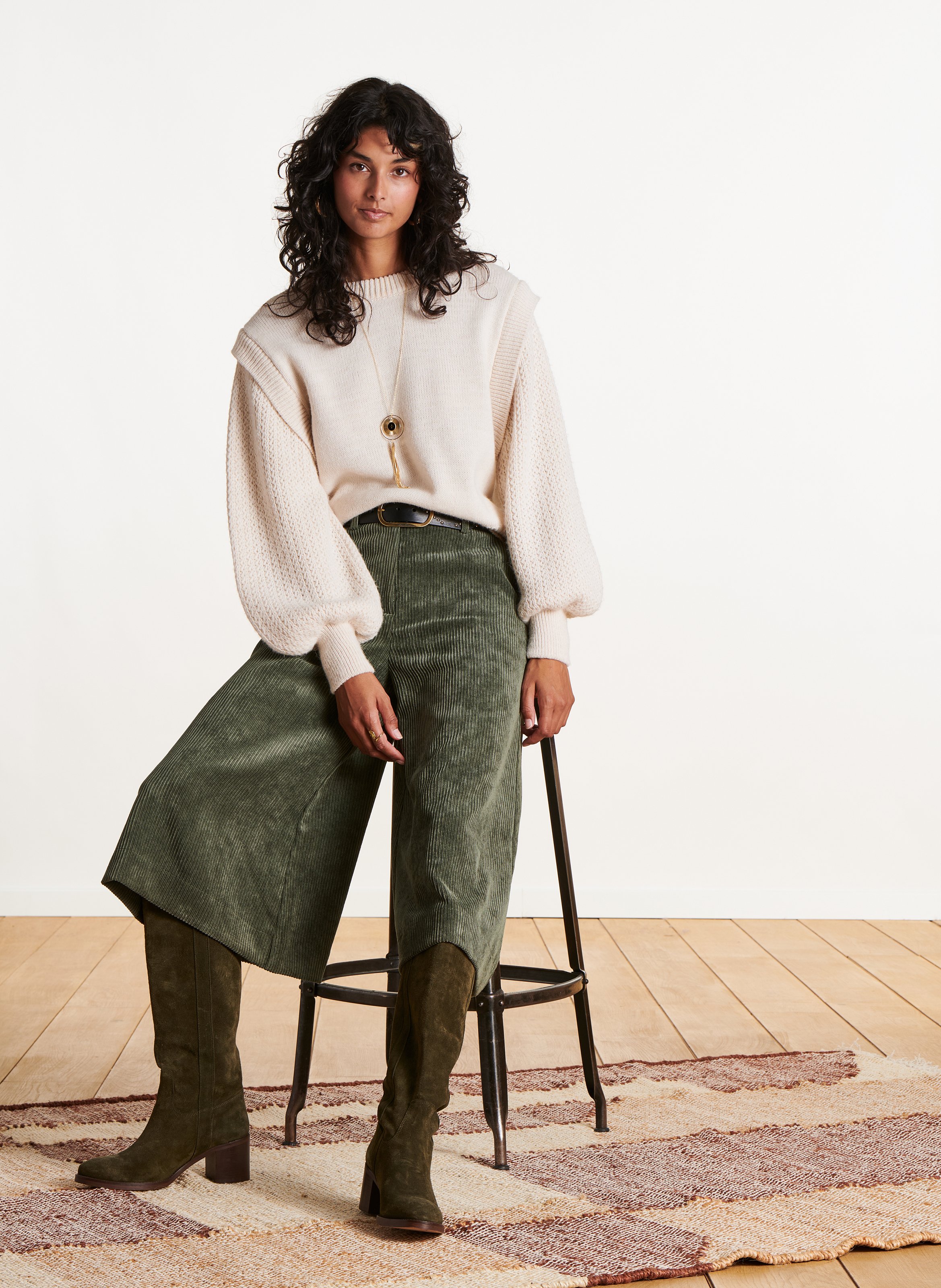 Wide-leg corduroy Bermuda shorts LA FEE MARABOUTEE Green