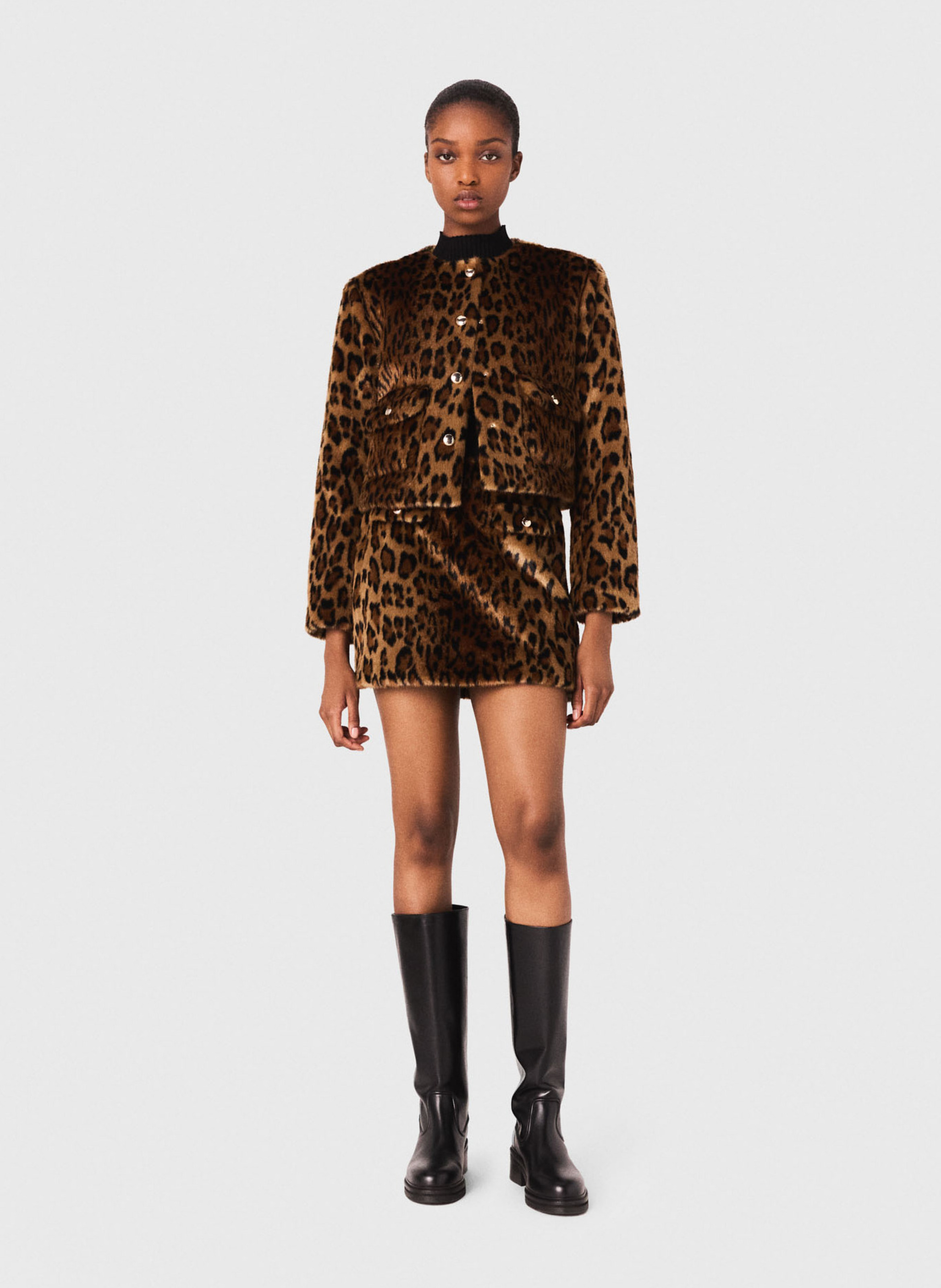 Straight jacket with round neckline in printed faux fur MAJE Brown