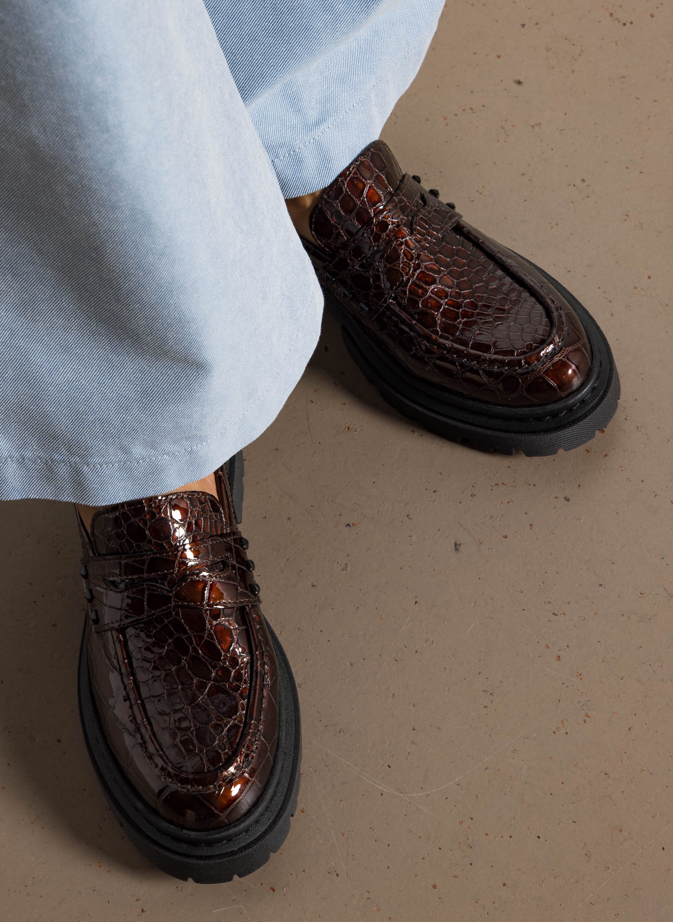 Mocassins en cuir embossé croco ONE STEP Marron