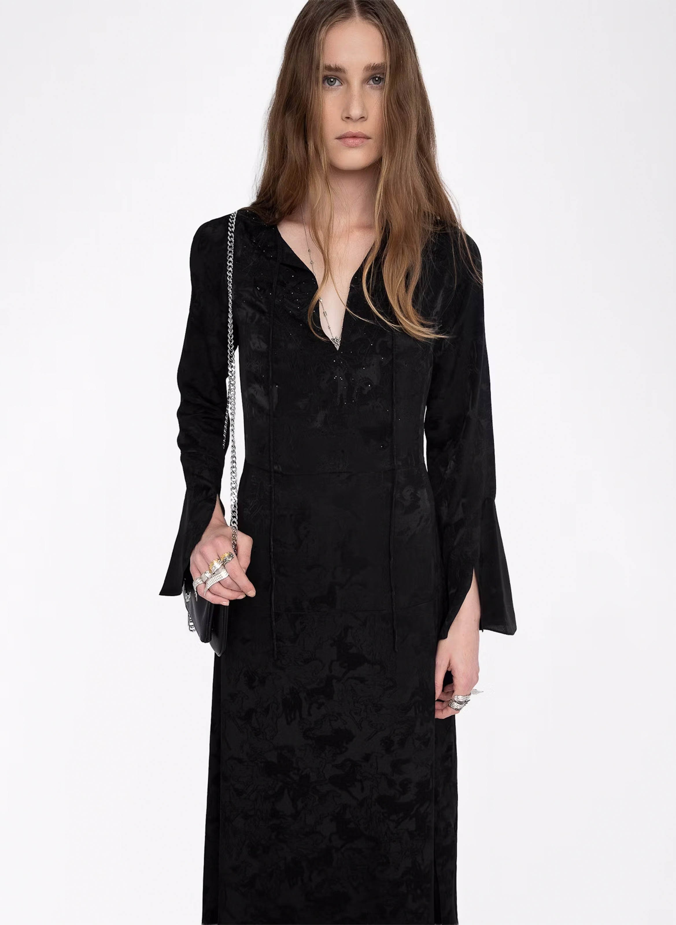 Robe longue évasée col V en soie ZADIG&VOLTAIRE Noir