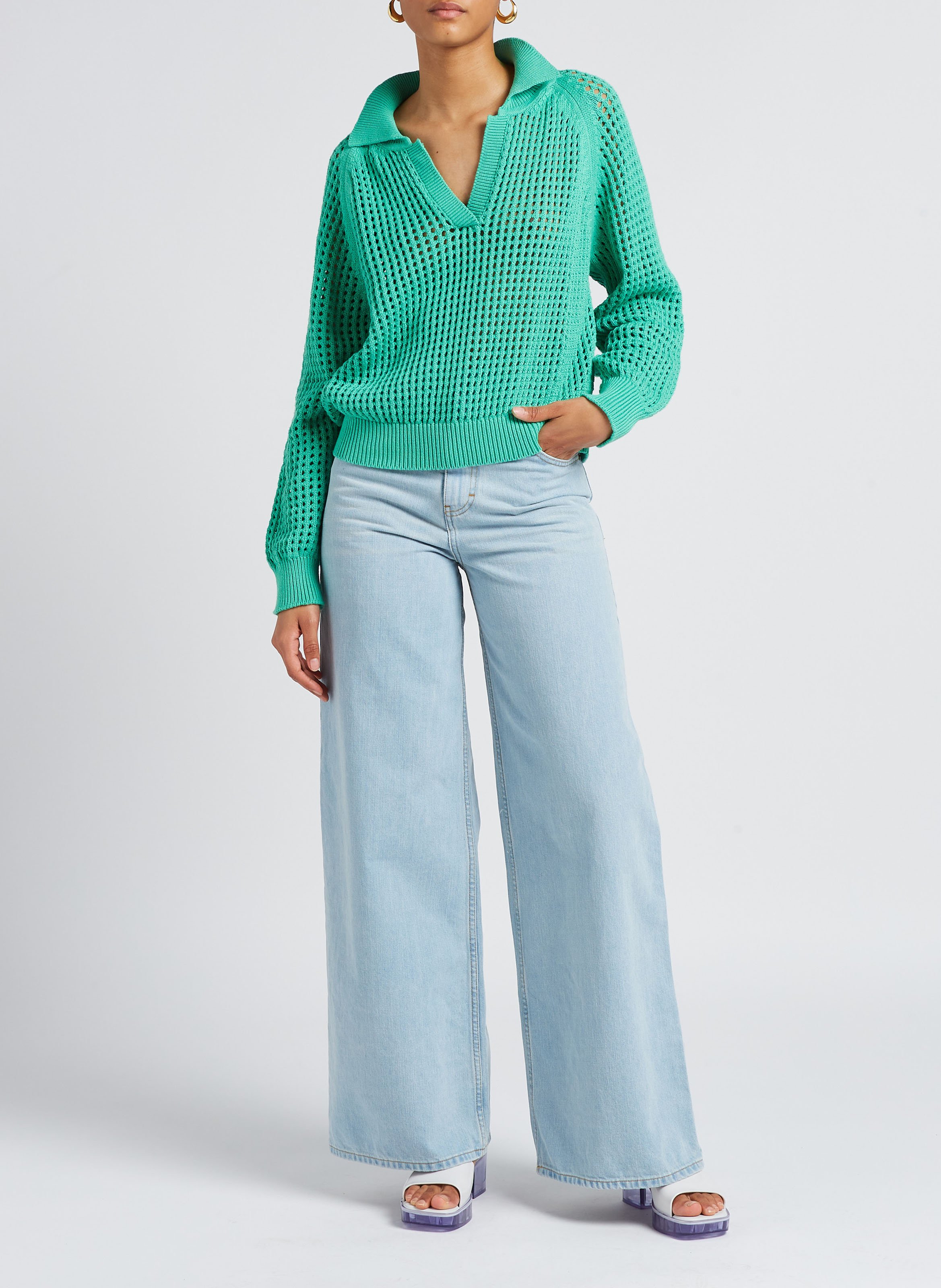 Wijd, katoenen trui met klassieke kraag MARGAUX LONNBERG Groen