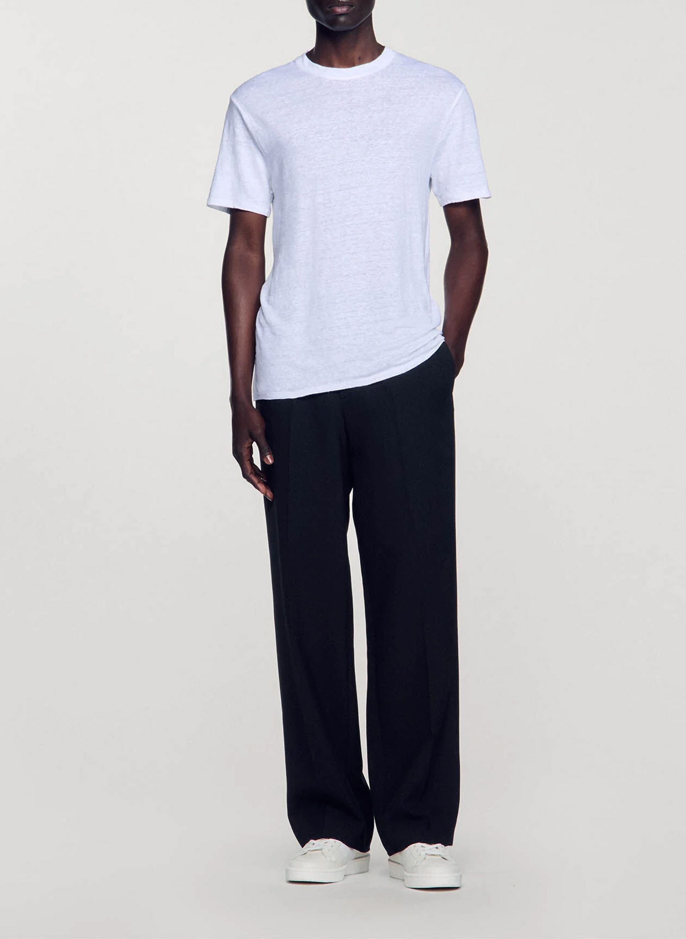 Tee-shirt col rond regular-fit en lin SANDRO Blanc