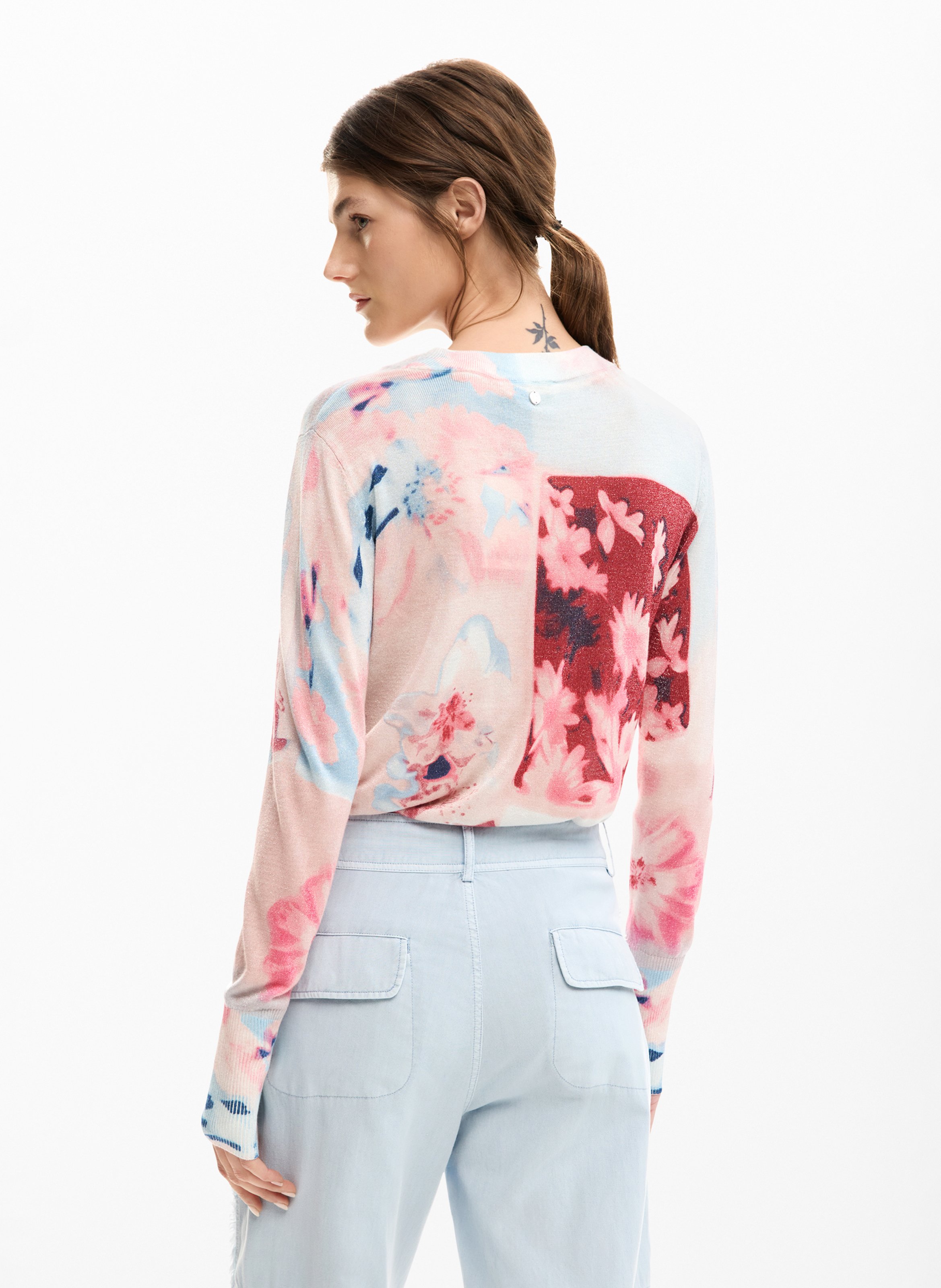 Pull col rond à imprimé floral DESIGUAL Rouge