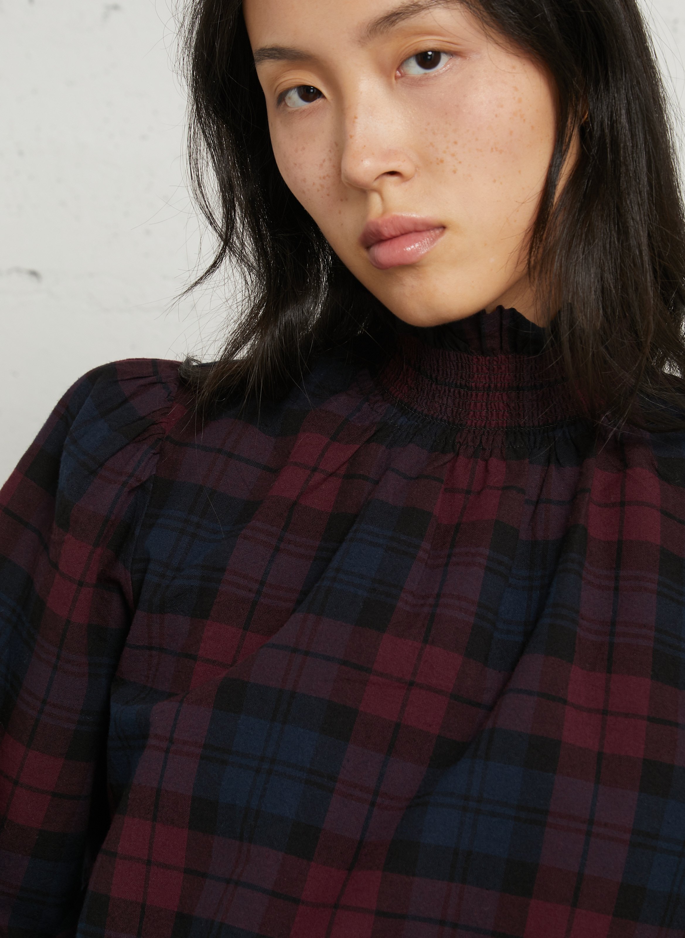 Checkered high-neck top with ruffle in cotton PETITE MENDIGOTE Blue