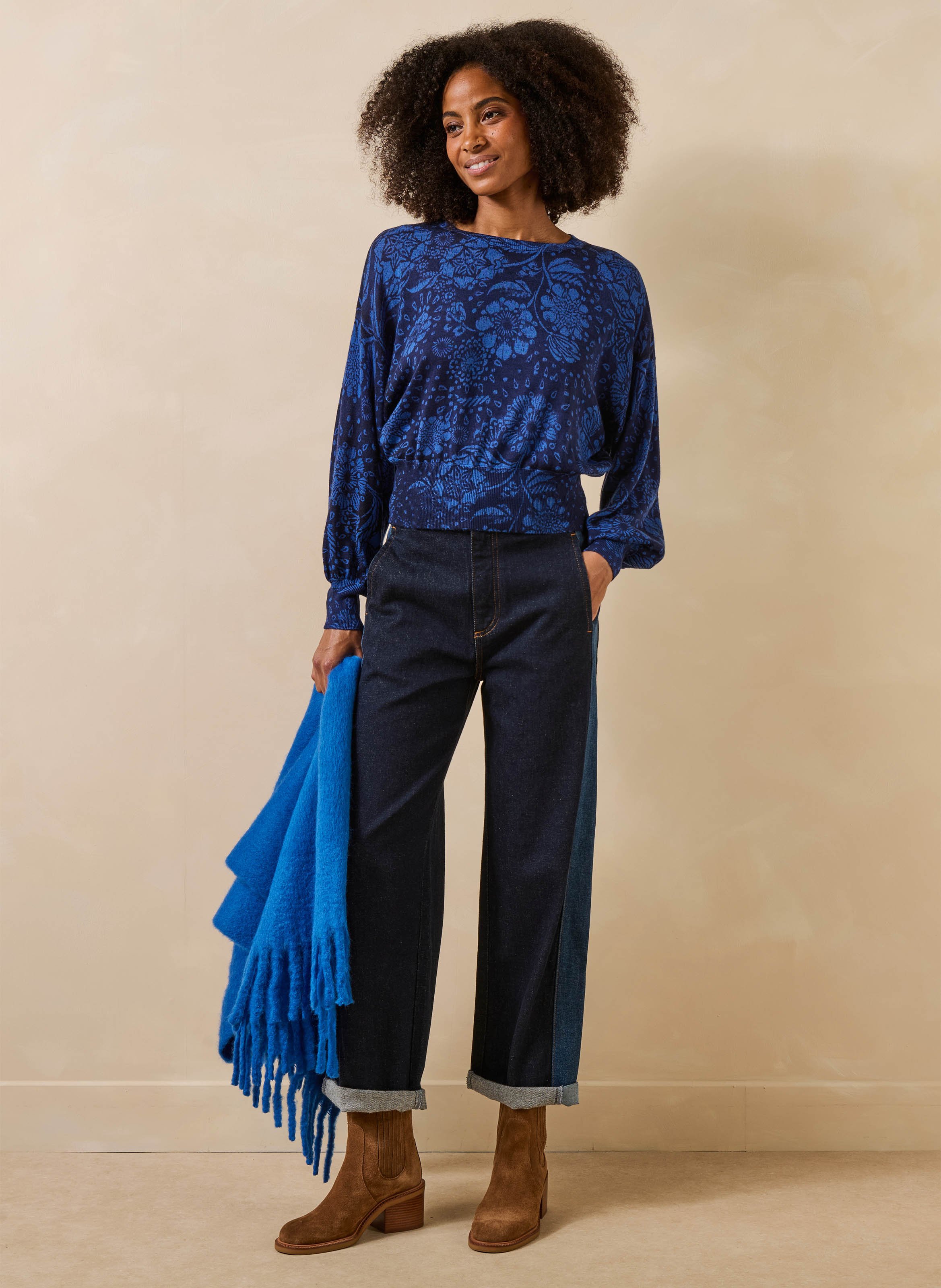 Short printed floral wool sweater LA FEE MARABOUTEE Blue