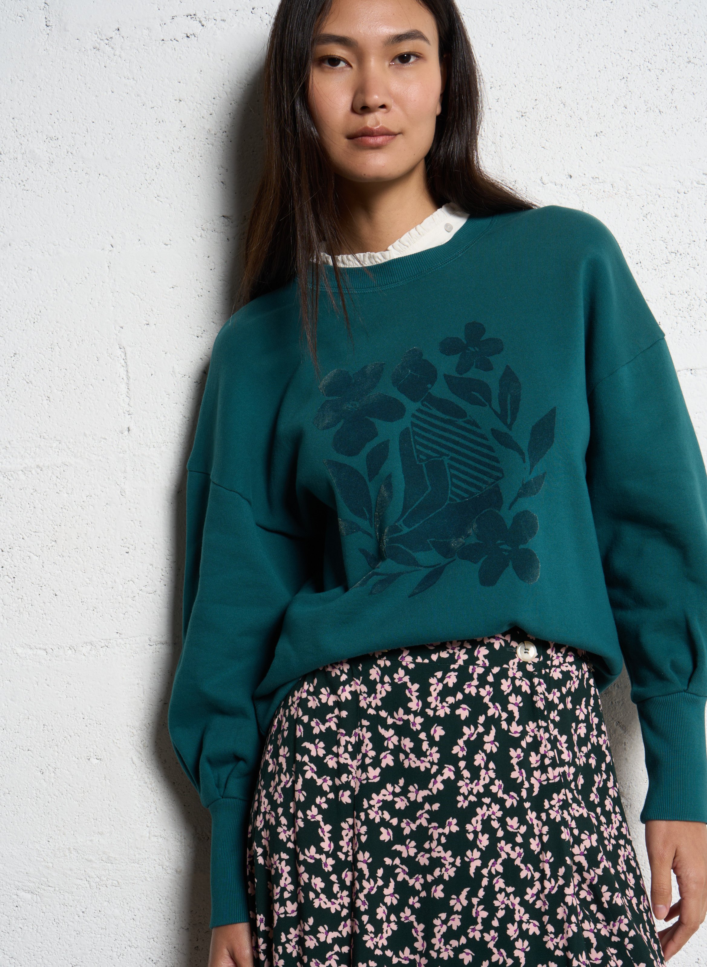 Rechte sweater met zeefdruk en afneembare kraag ONE STEP Groen