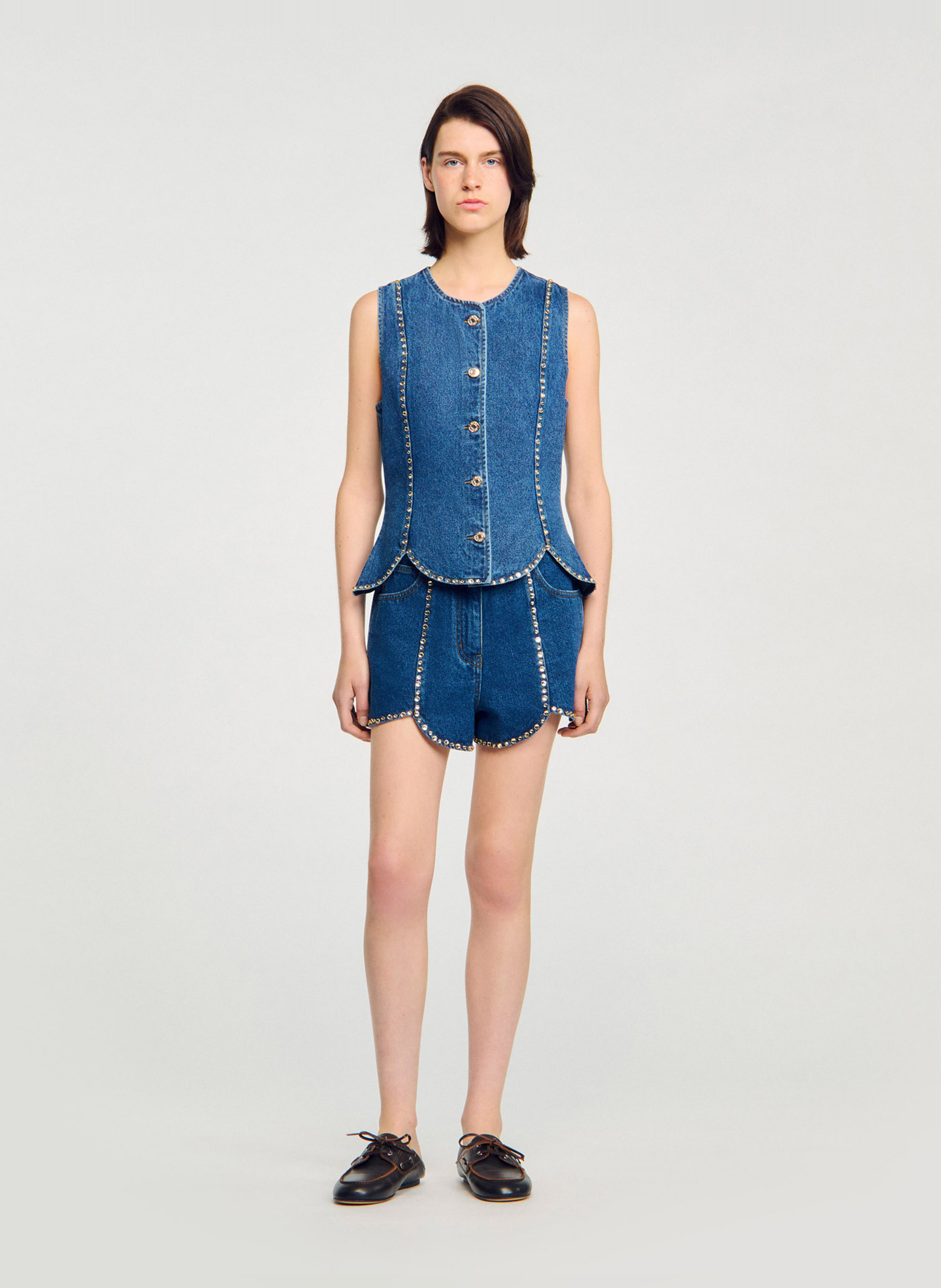 Top col rond en denim de coton SANDRO Bleu