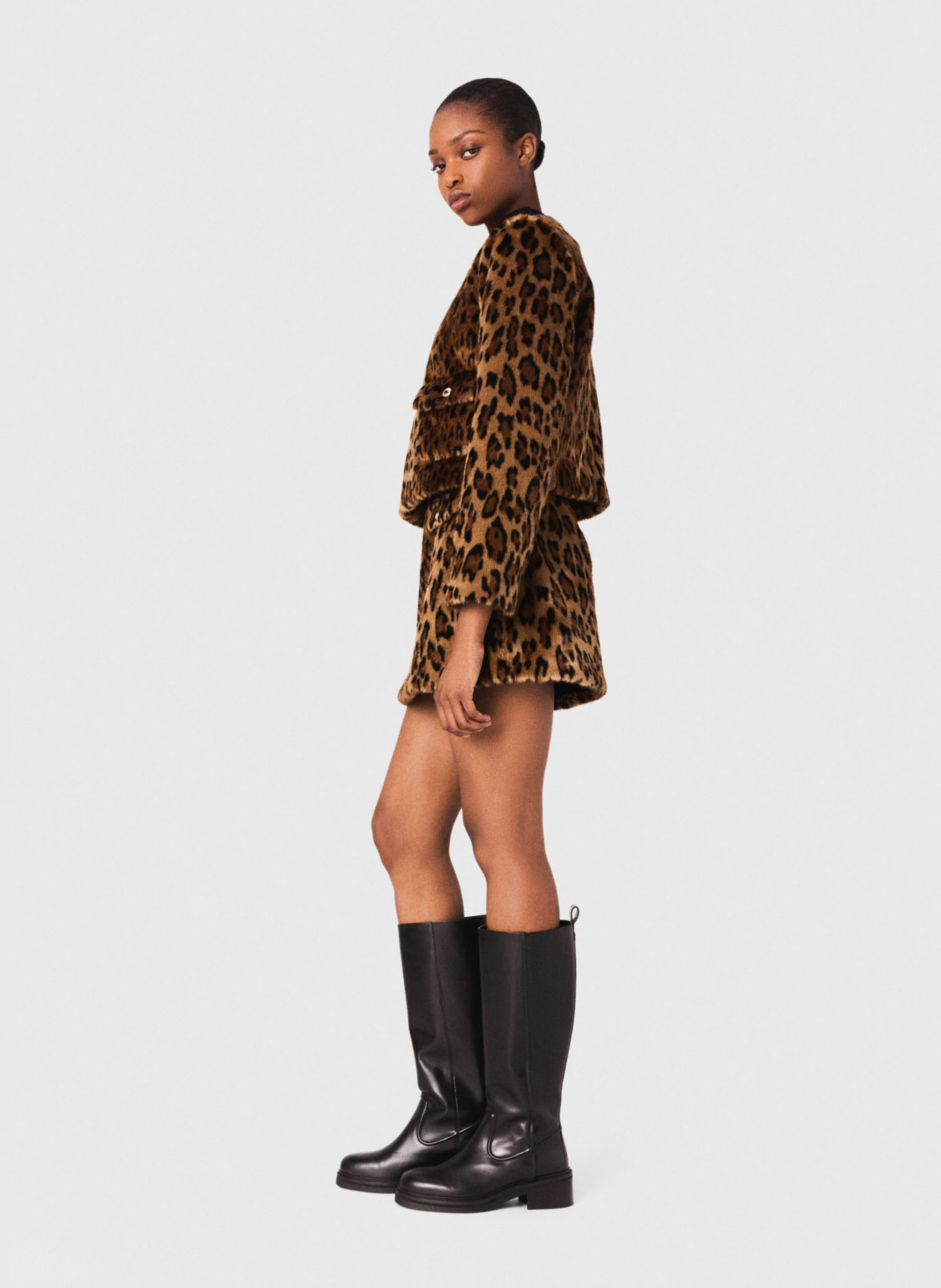 Straight jacket with round neckline in printed faux fur MAJE Brown