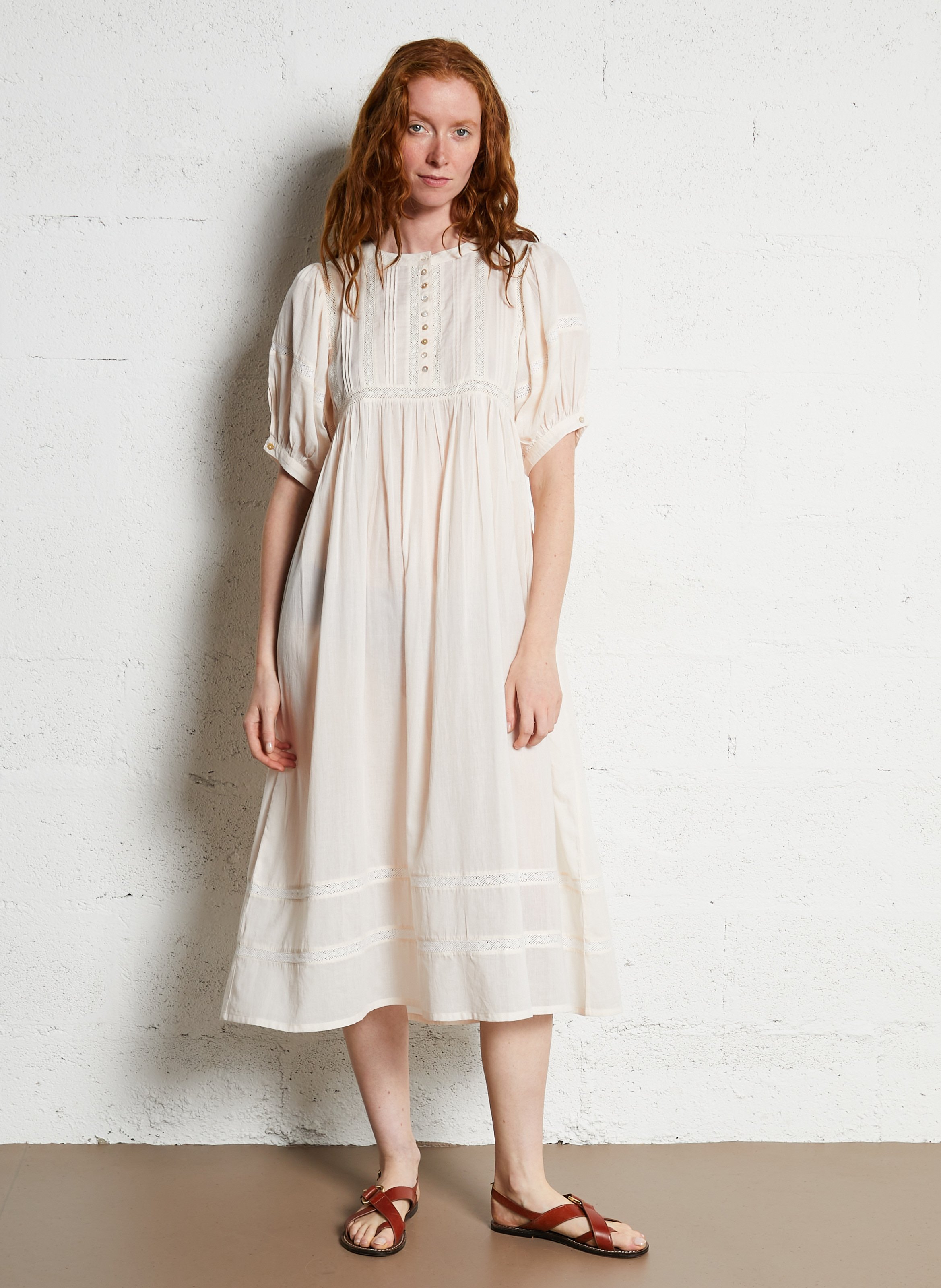 Lange jurk van zachte, luchtige katoen met ronde hals EMILE ET IDA Beige