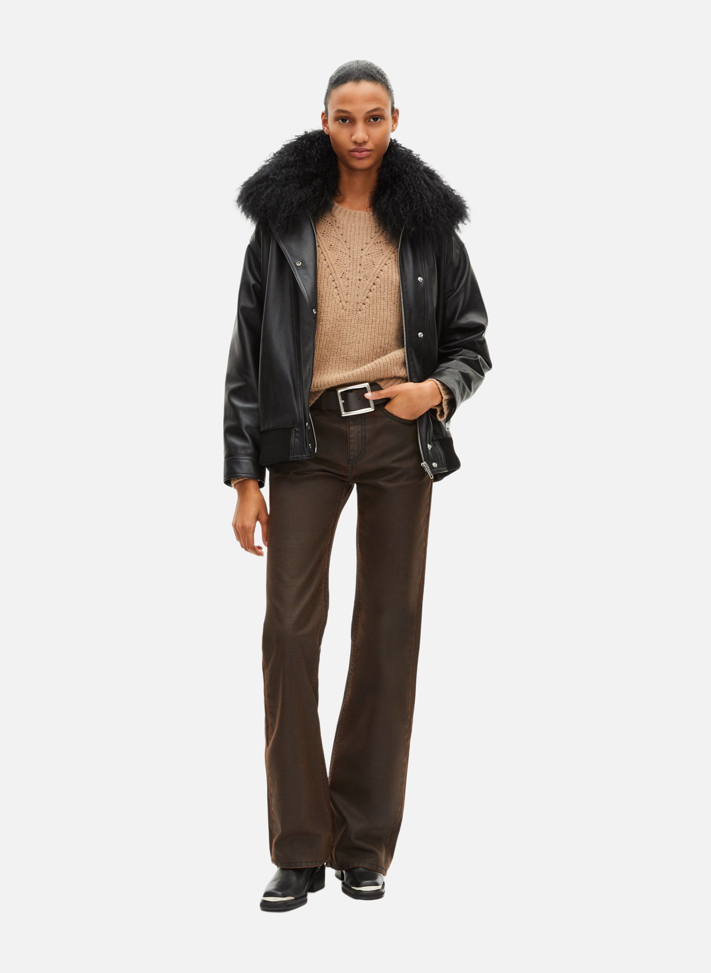 Leather jacket with removable fur collar THE KOOPLES Black