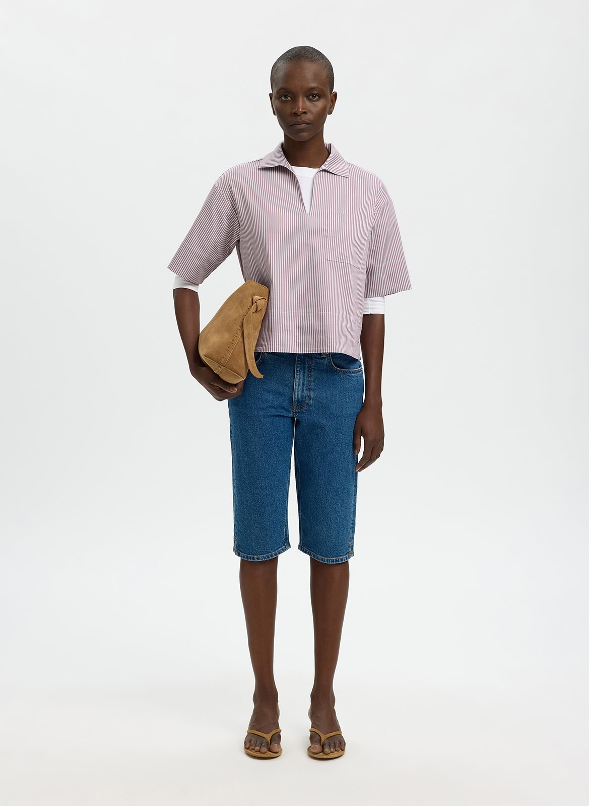 Rechte blouse met klassieke kraag van biologisch katoen met strepen. SELECTED Roze