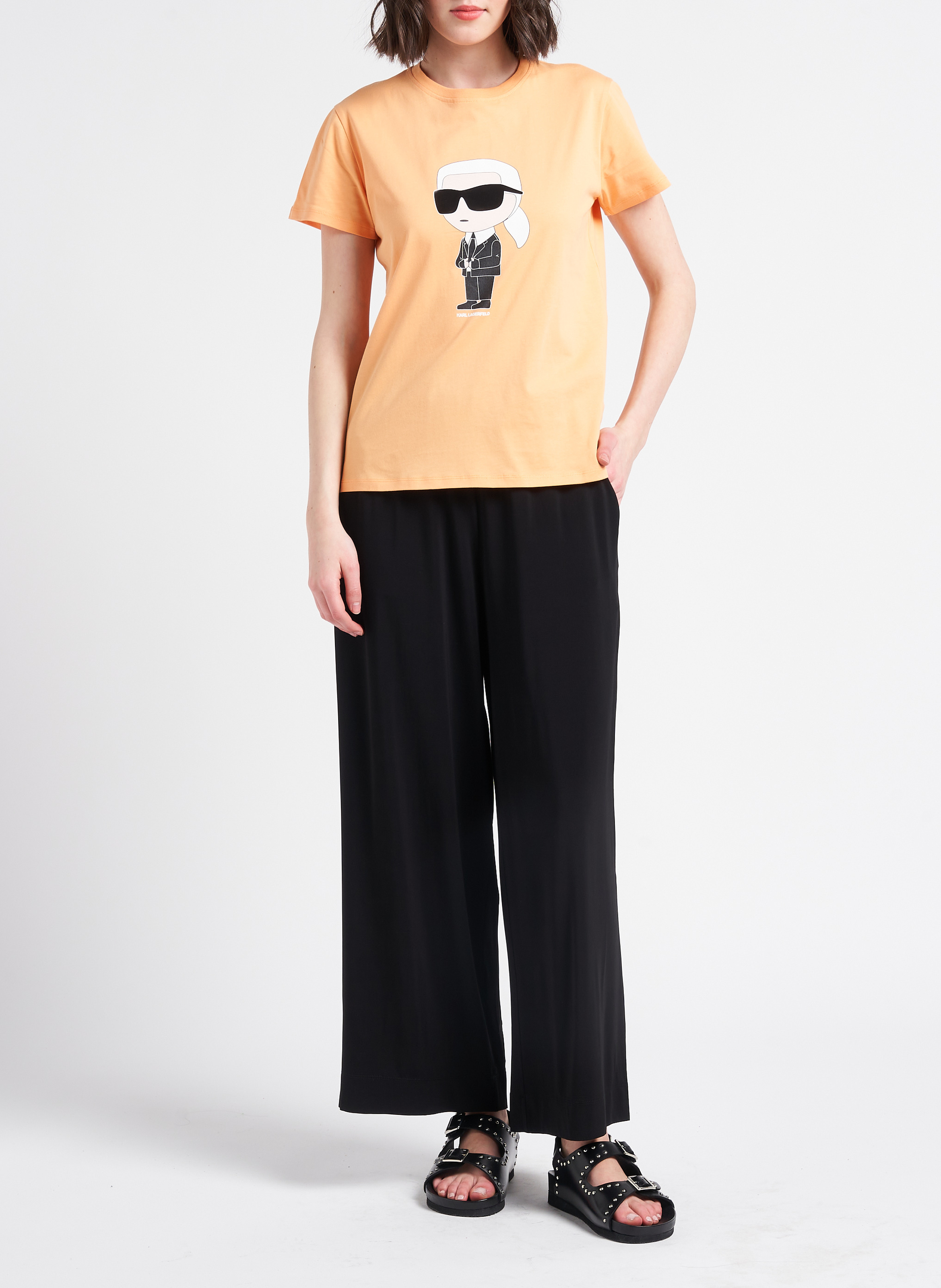 Round-neck organic cotton T-shirt with screen print KARL LAGERFELD Orange