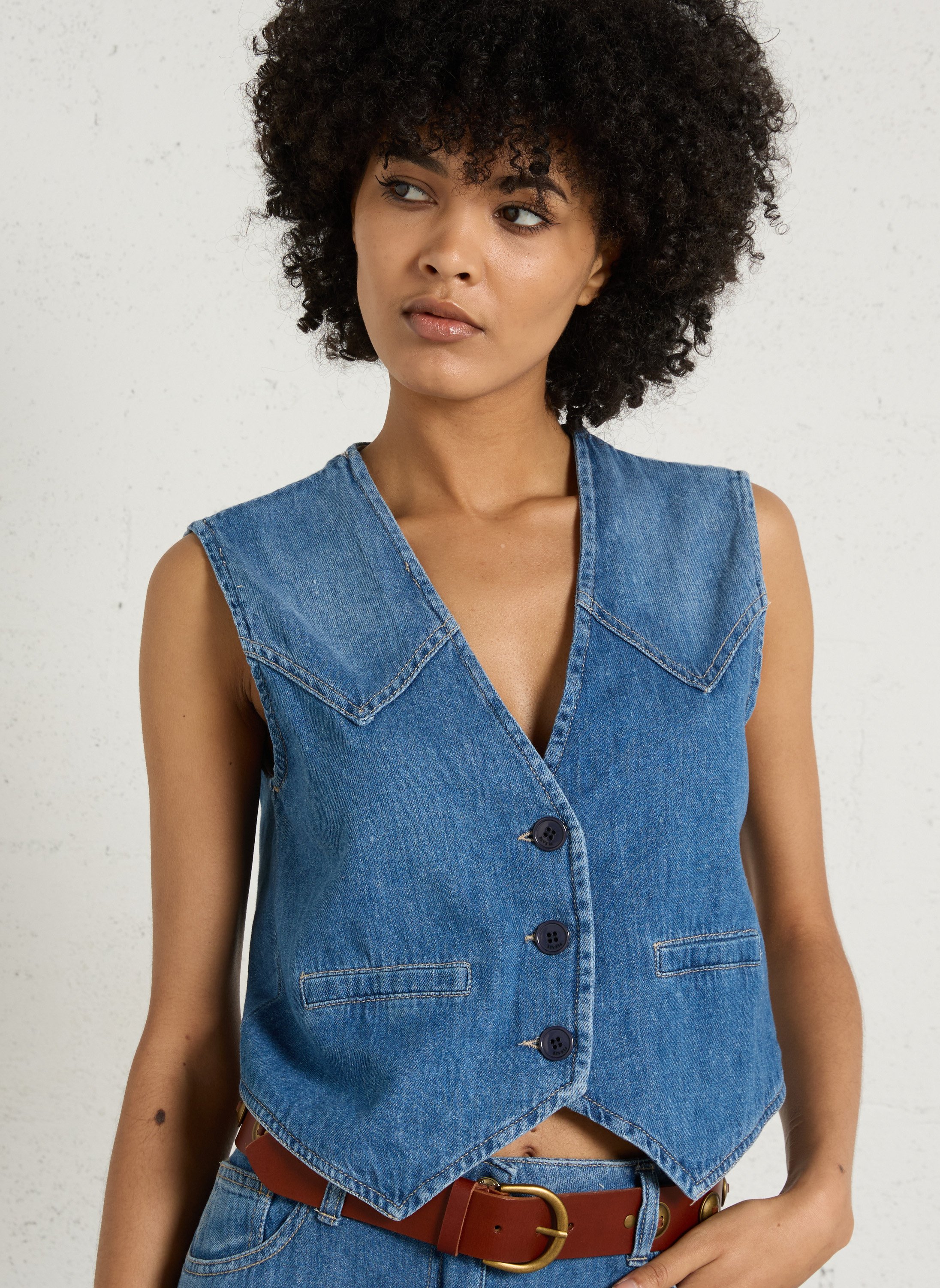 Buttoned denim tailored vest PLEASE Blue