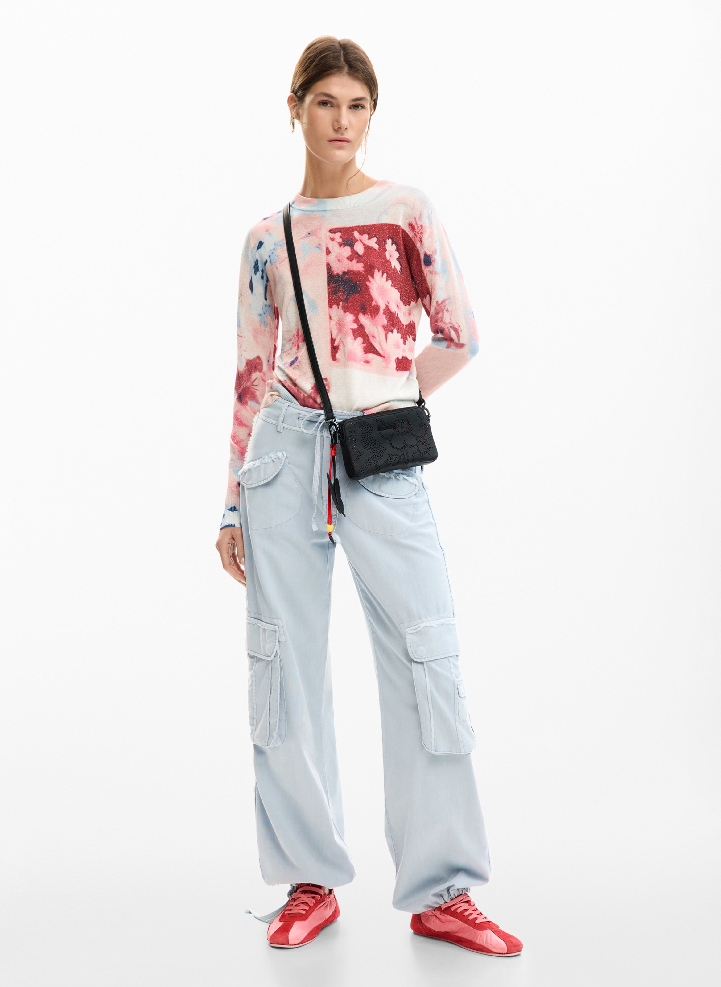 Pull col rond à imprimé floral DESIGUAL Rouge