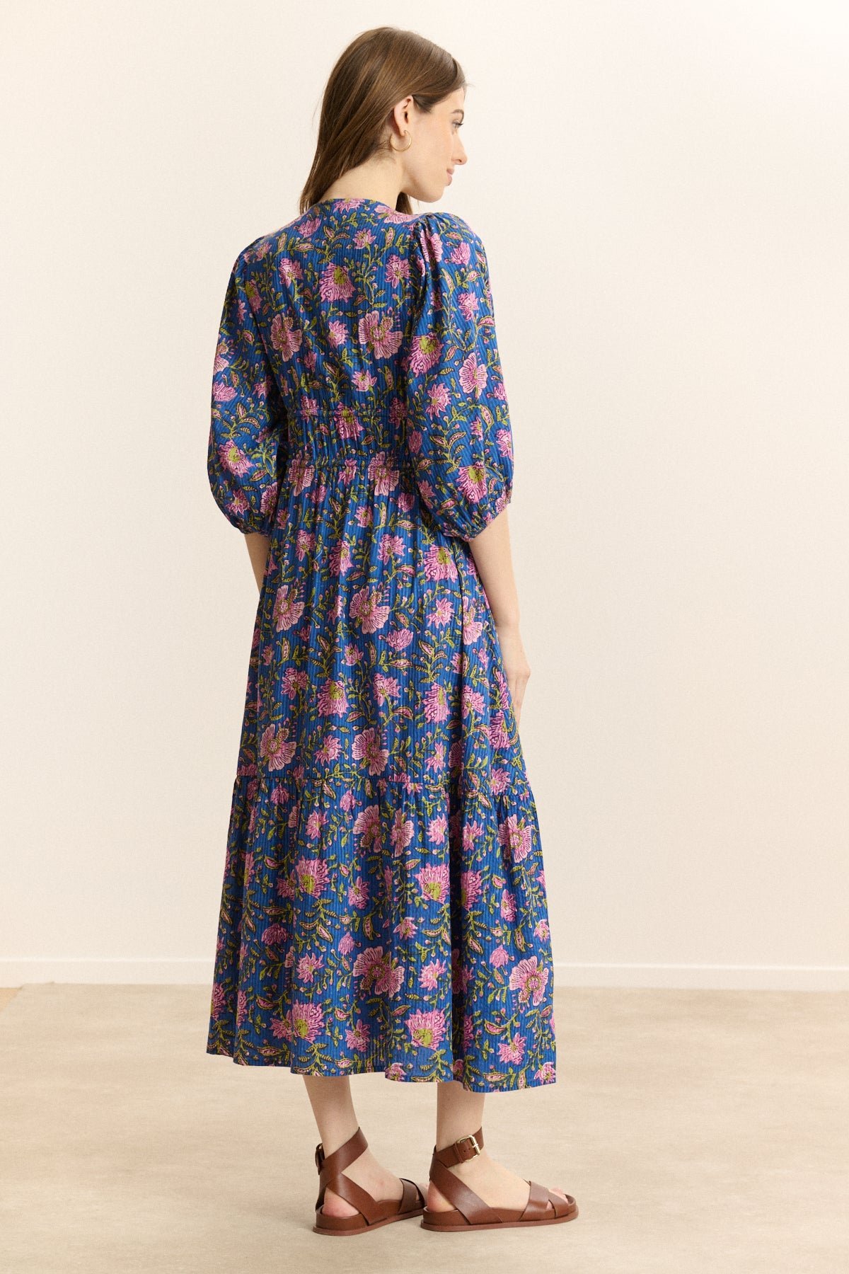 Robe midi manches 3/4 imprimée GARANCE PARIS Bleu