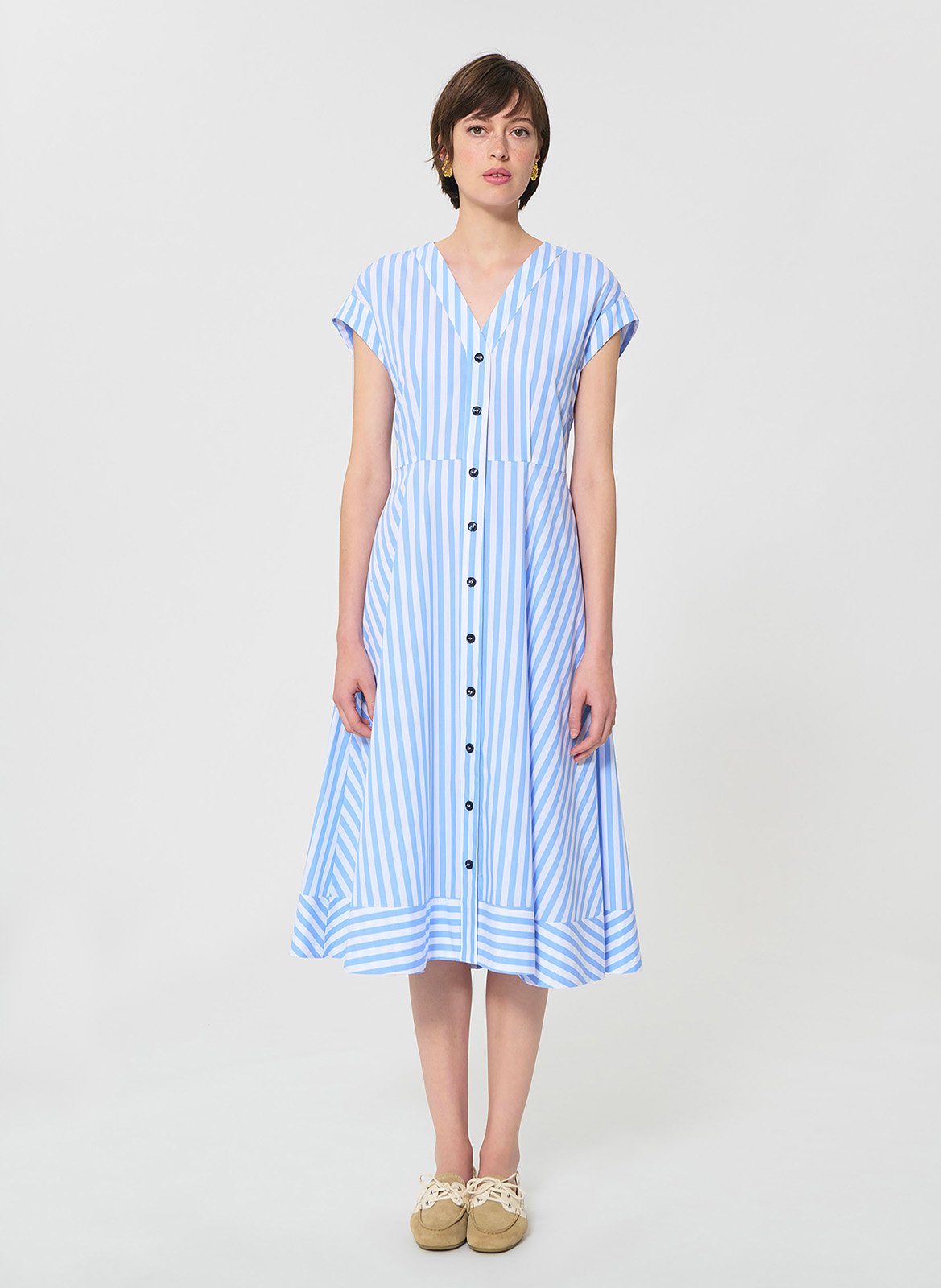 Midi-Kleid mit V-Ausschnitt aus gestreifter Baumwolle TARA JARMON Blau