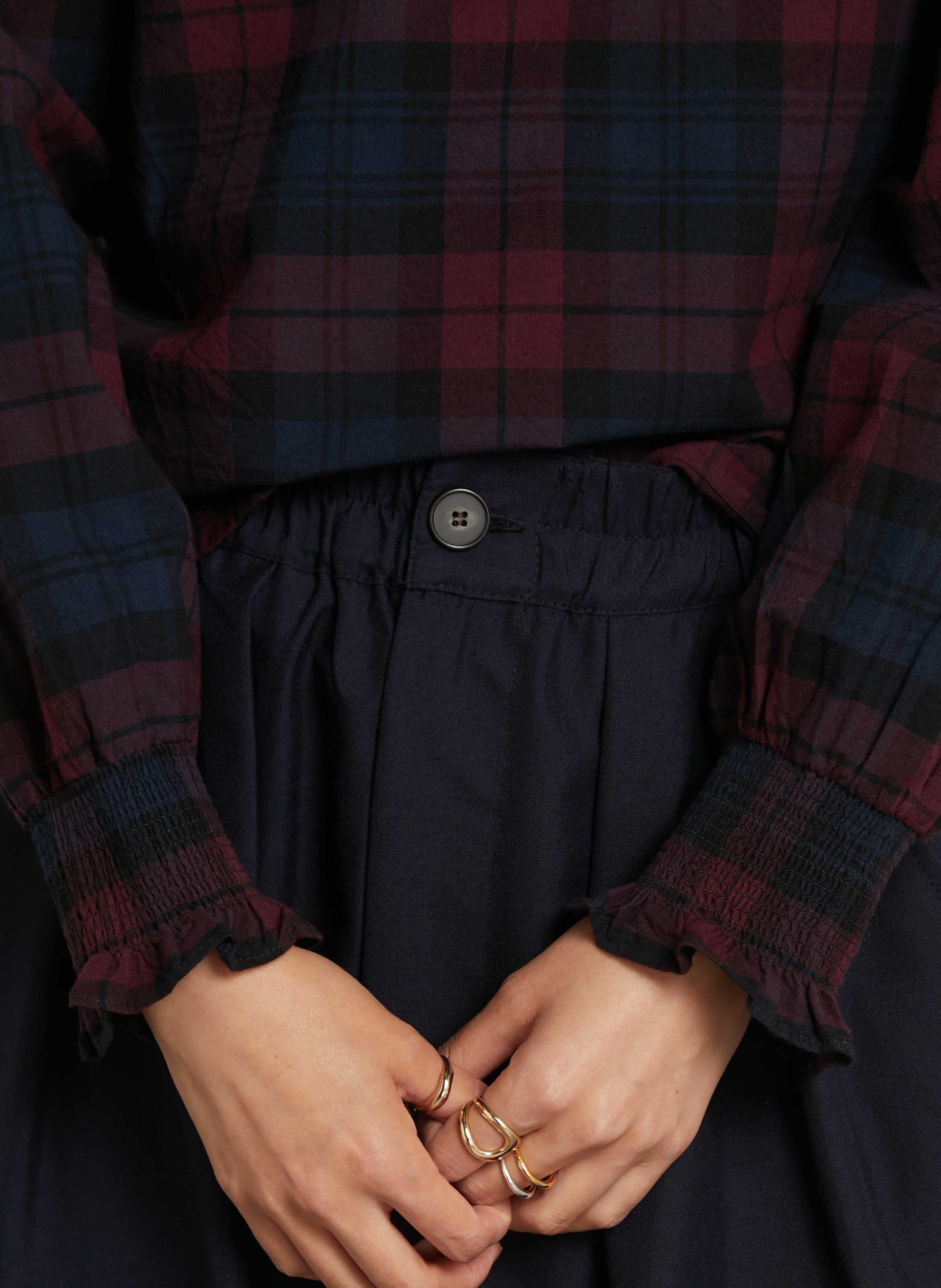 Checkered high-neck top with ruffle in cotton PETITE MENDIGOTE Blue