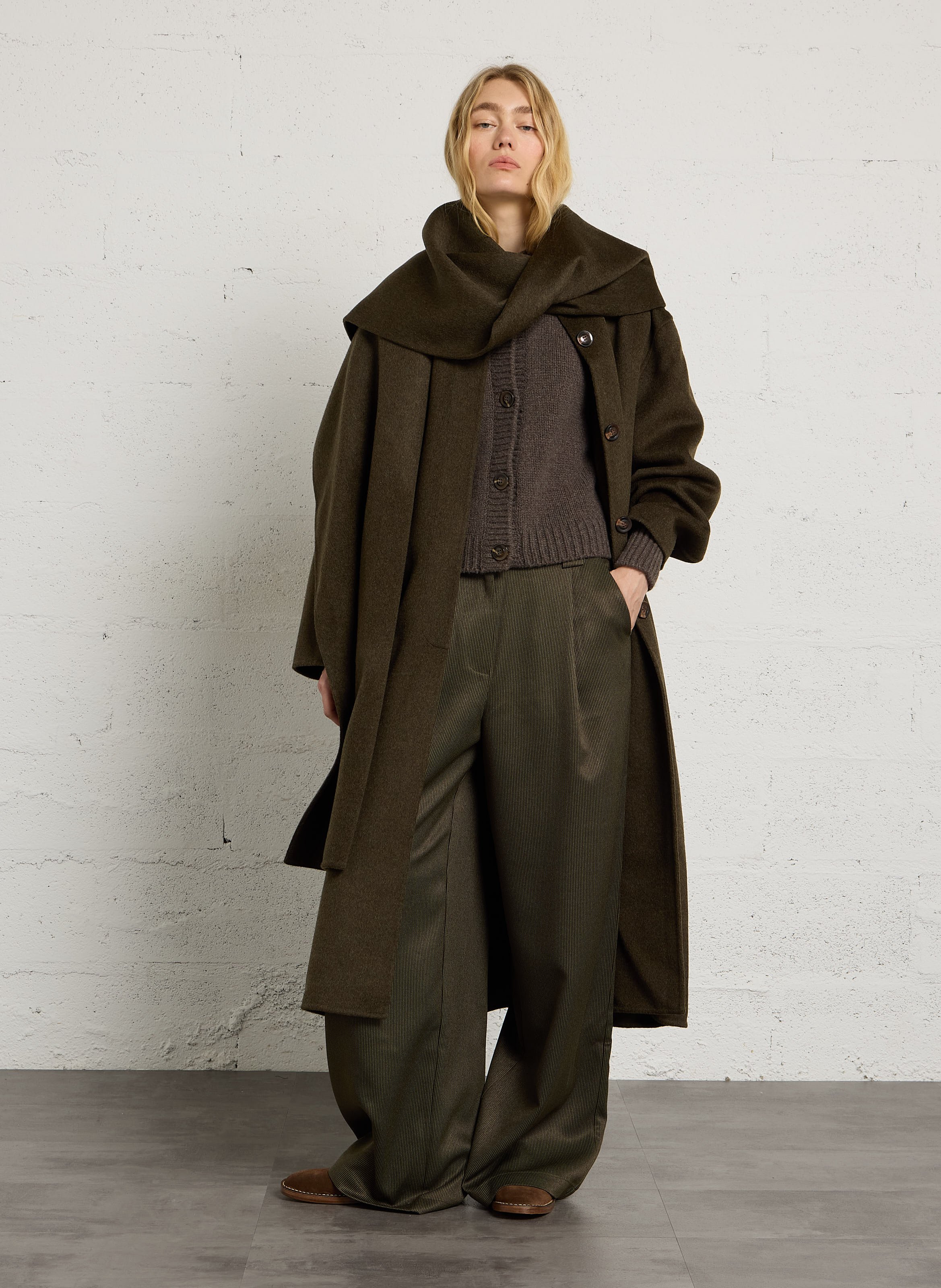 Manteau oversize à écharpé en laine mélangée SOEUR Kaki