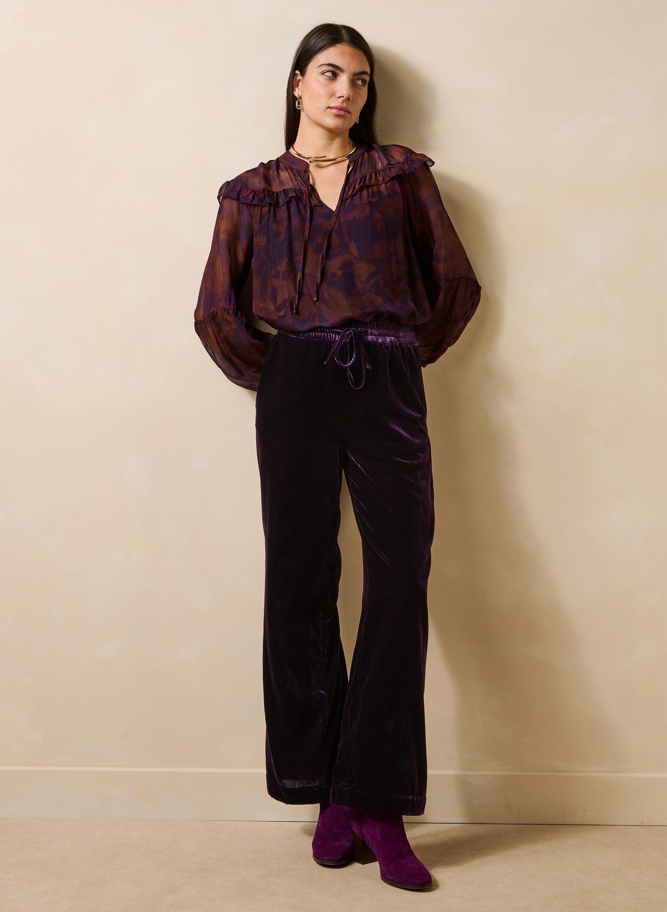 Pantalon large taille haute en velours | Violet LA FEE MARABOUTEE Femme