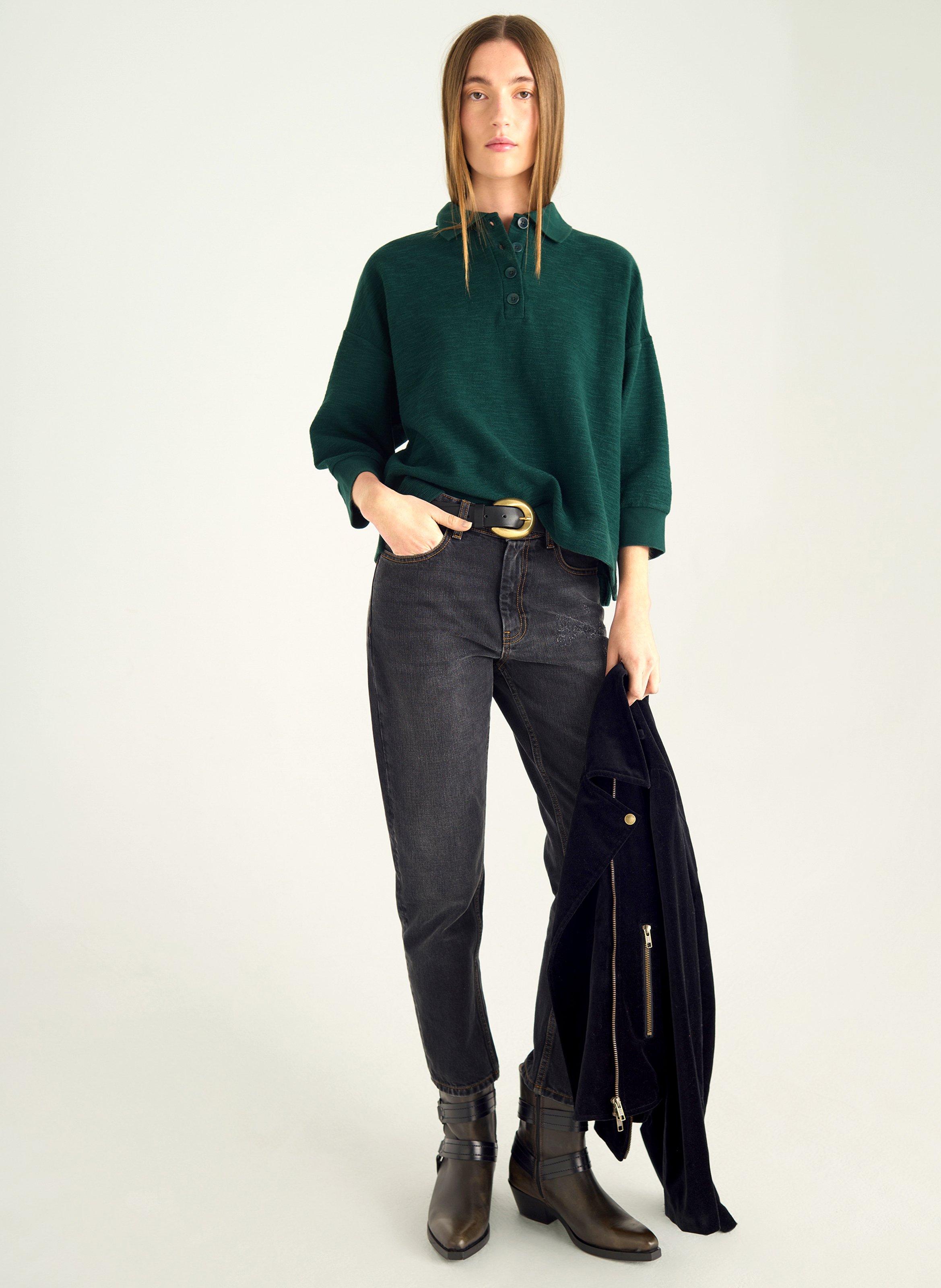 Loose fit solid 3/4 sleeve polo ACOTE Green