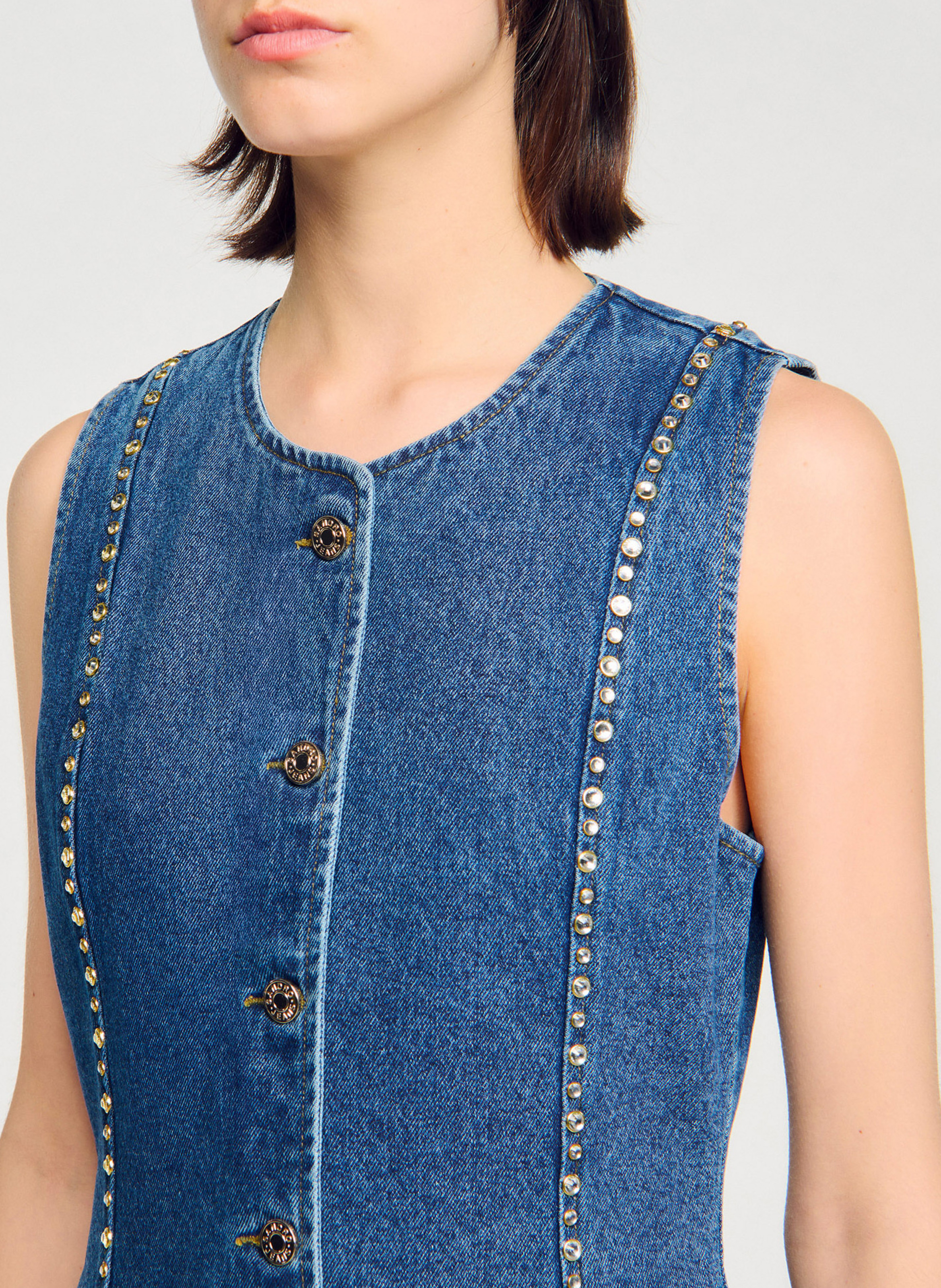 Top col rond en denim de coton SANDRO Bleu