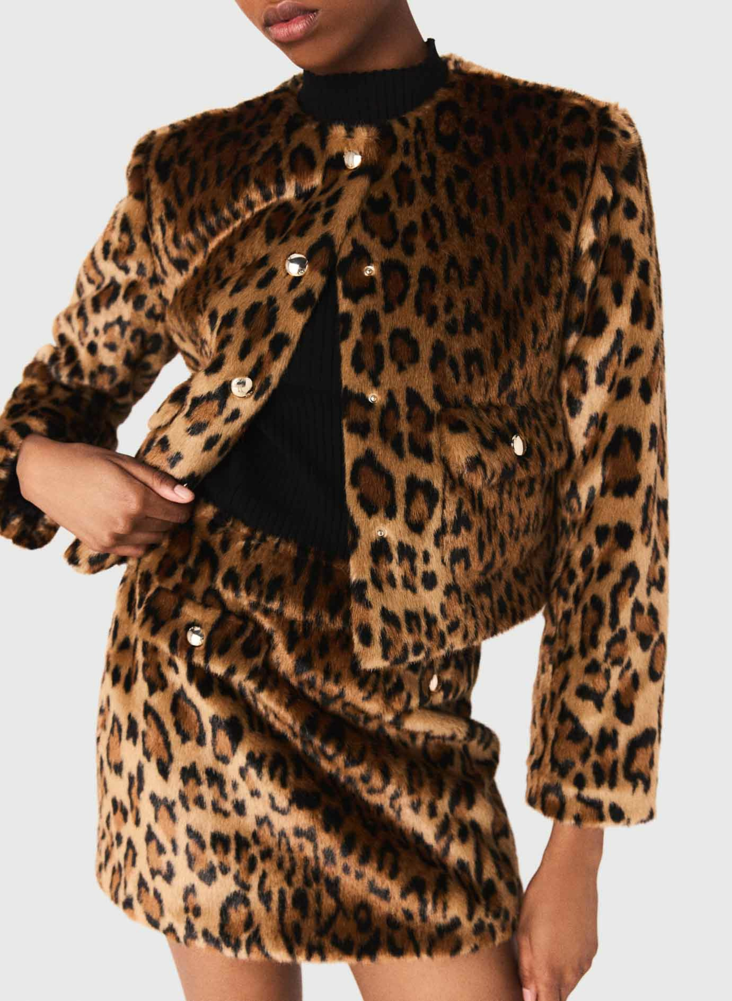 Straight jacket with round neckline in printed faux fur MAJE Brown