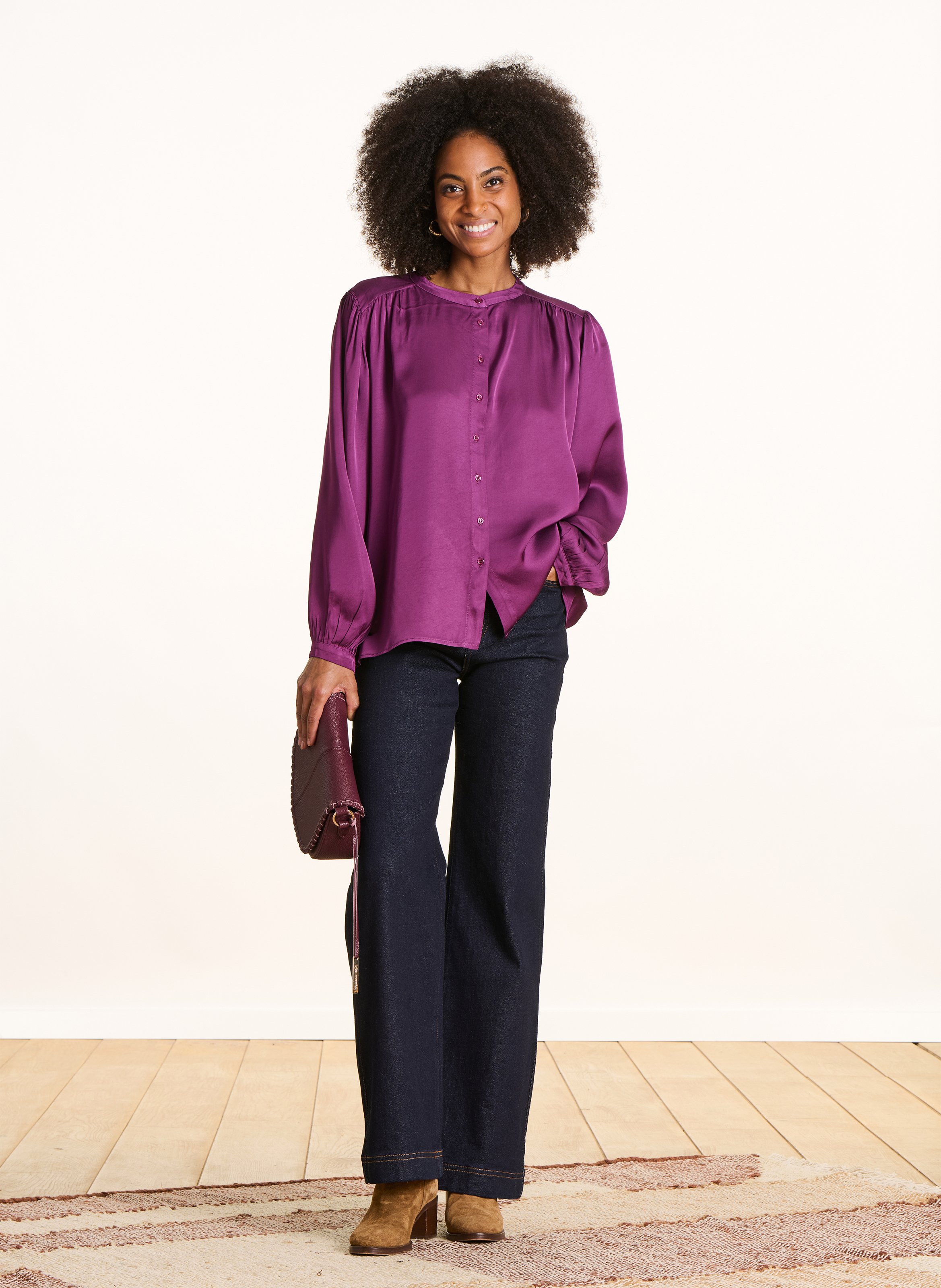 Oversize Mao-Kragen Fließendes Hemd Violett