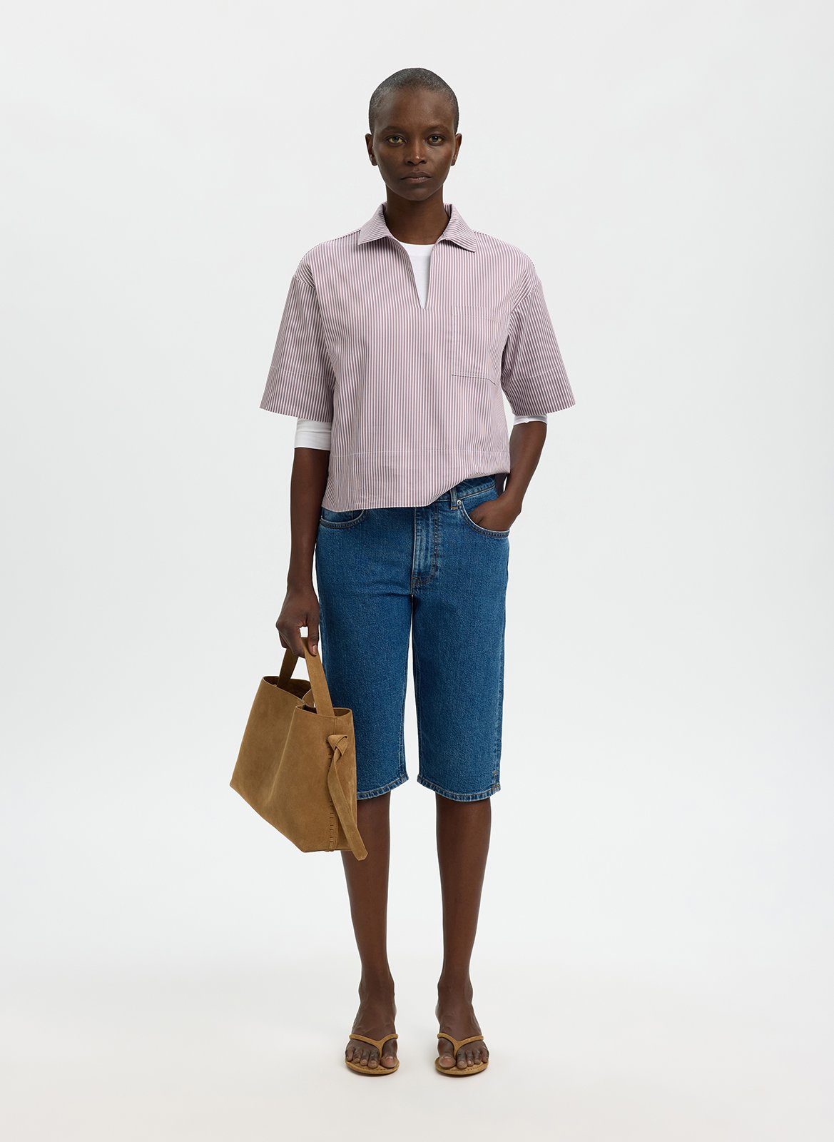 Rechte blouse met klassieke kraag van biologisch katoen met strepen. SELECTED Roze