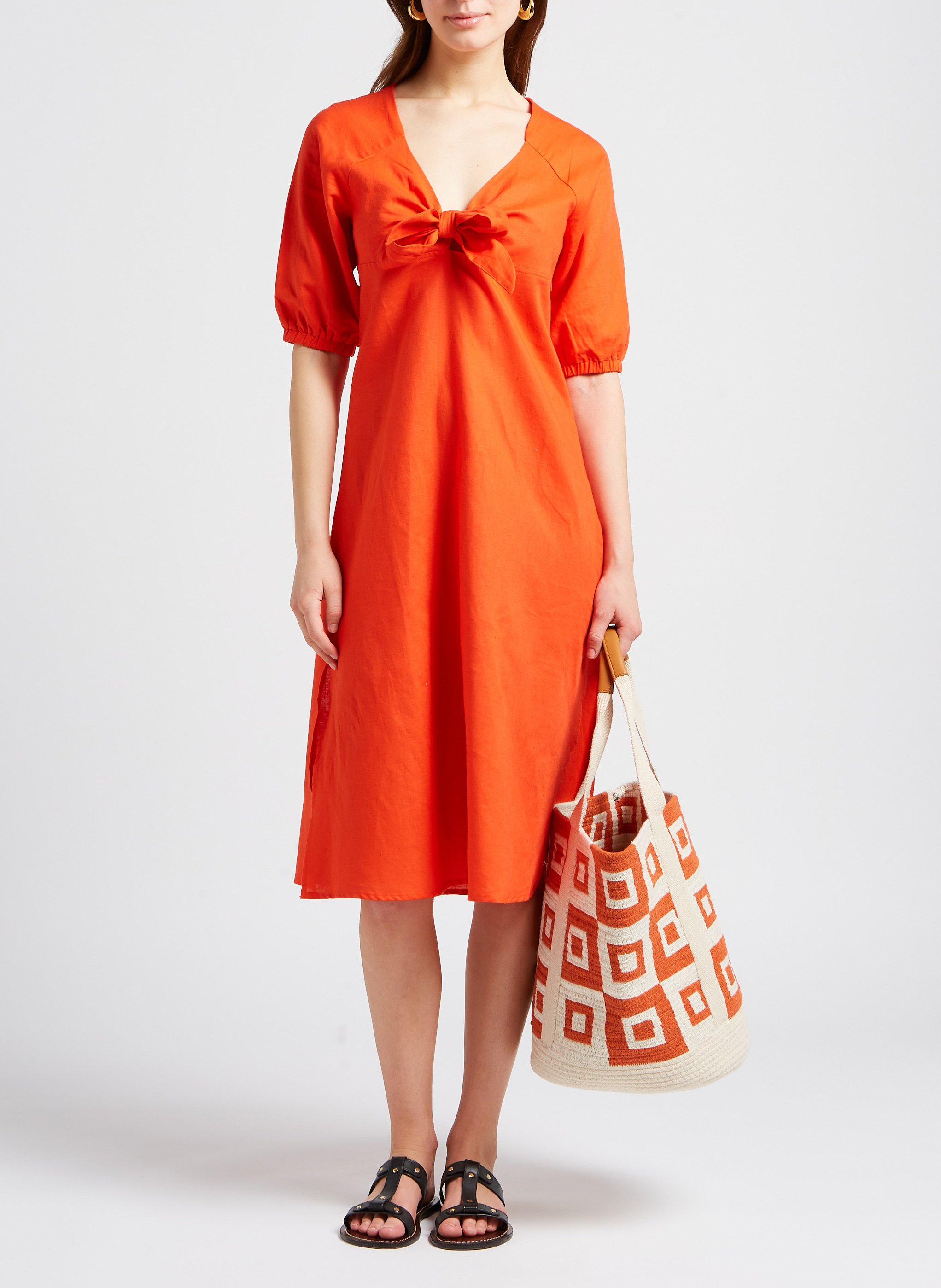 Robe midi cintrée en lin mélangé YAS Orange