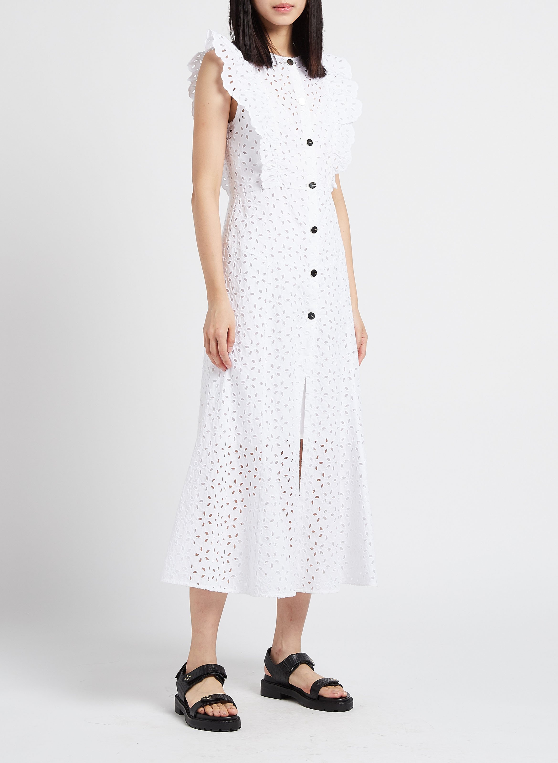 Mid-length embroidered round-neck cotton dress PINKO White