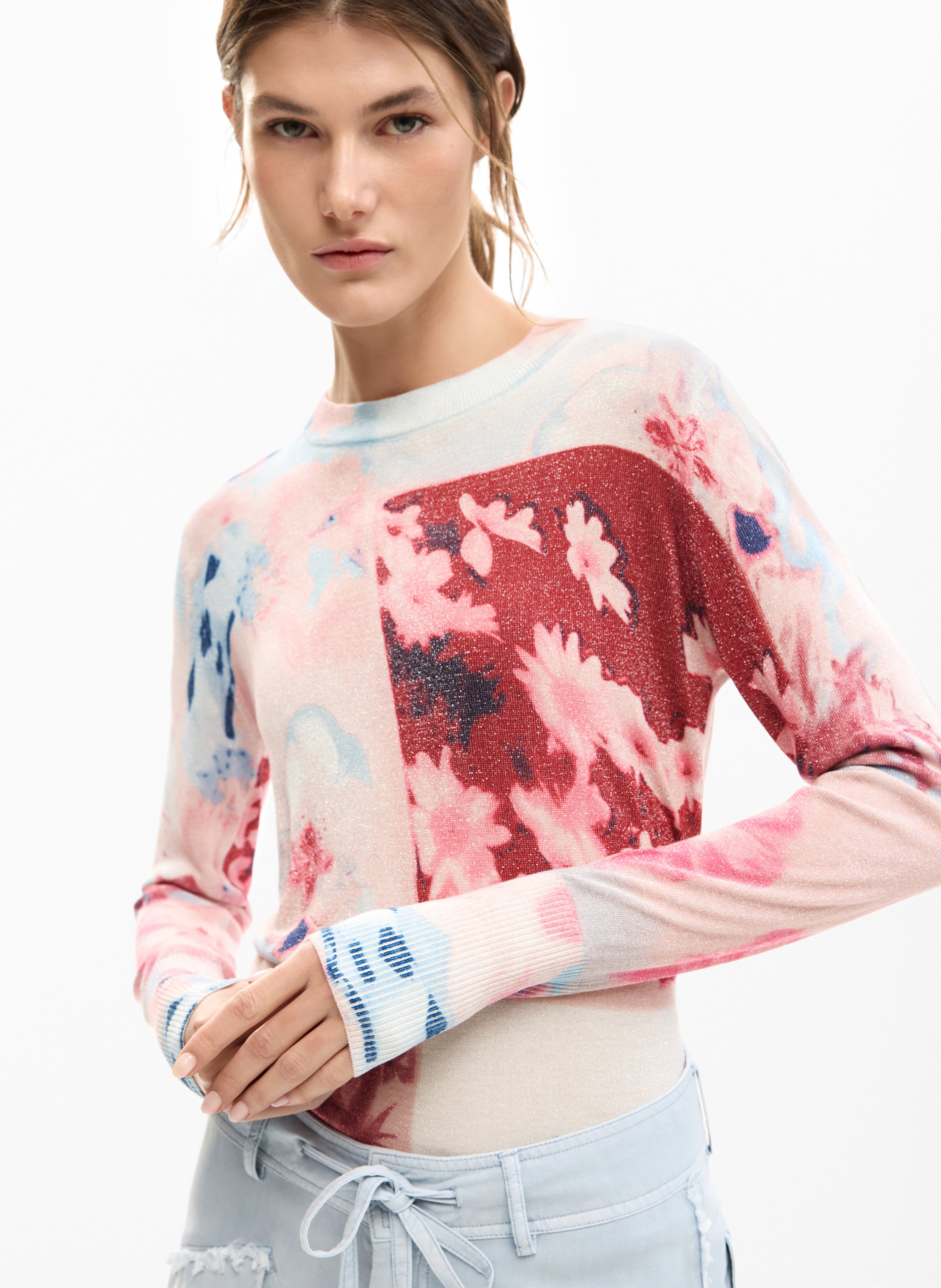 Pull col rond à imprimé floral DESIGUAL Rouge