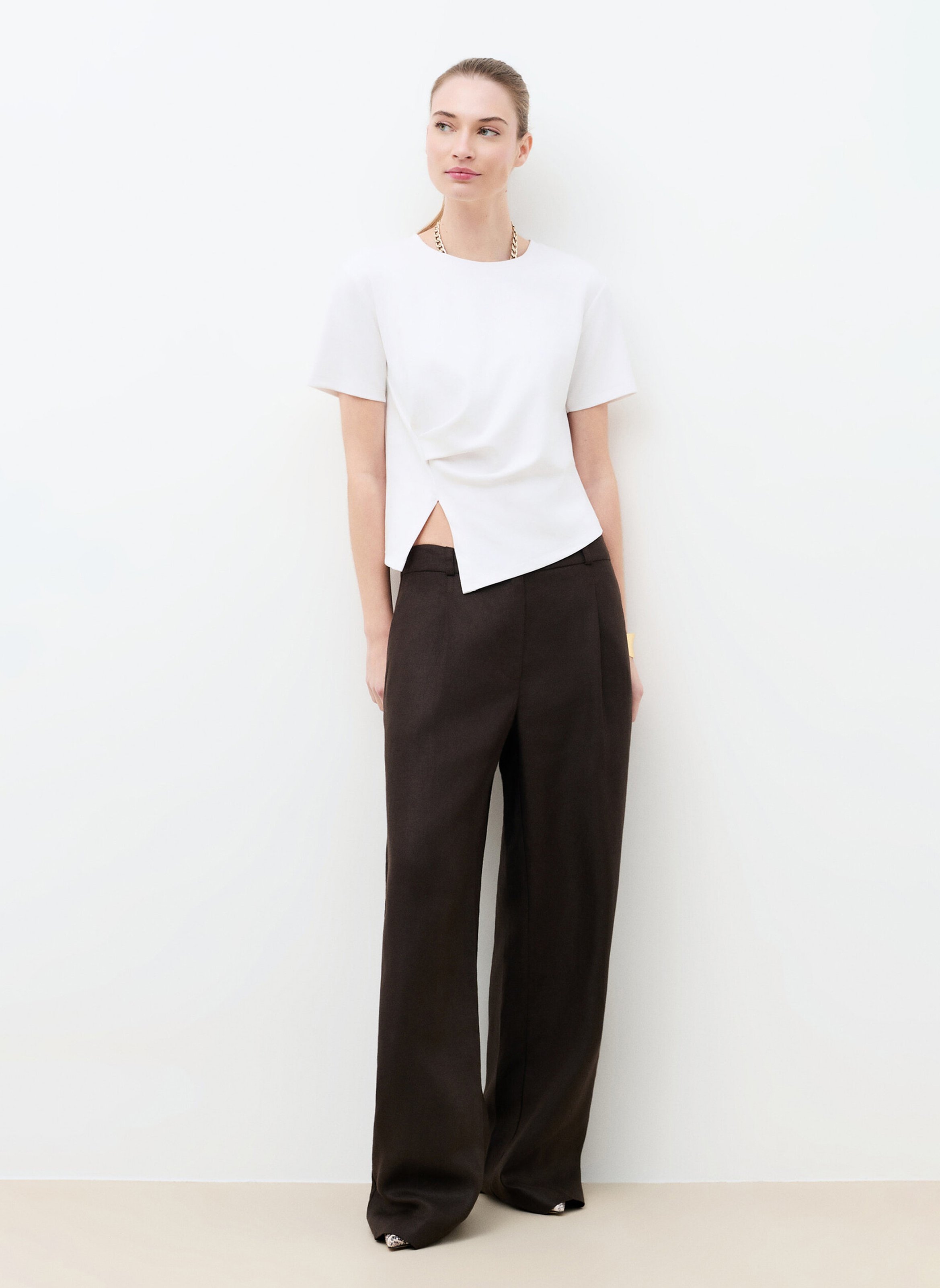 Pantalon large en lin CAROLL Marron