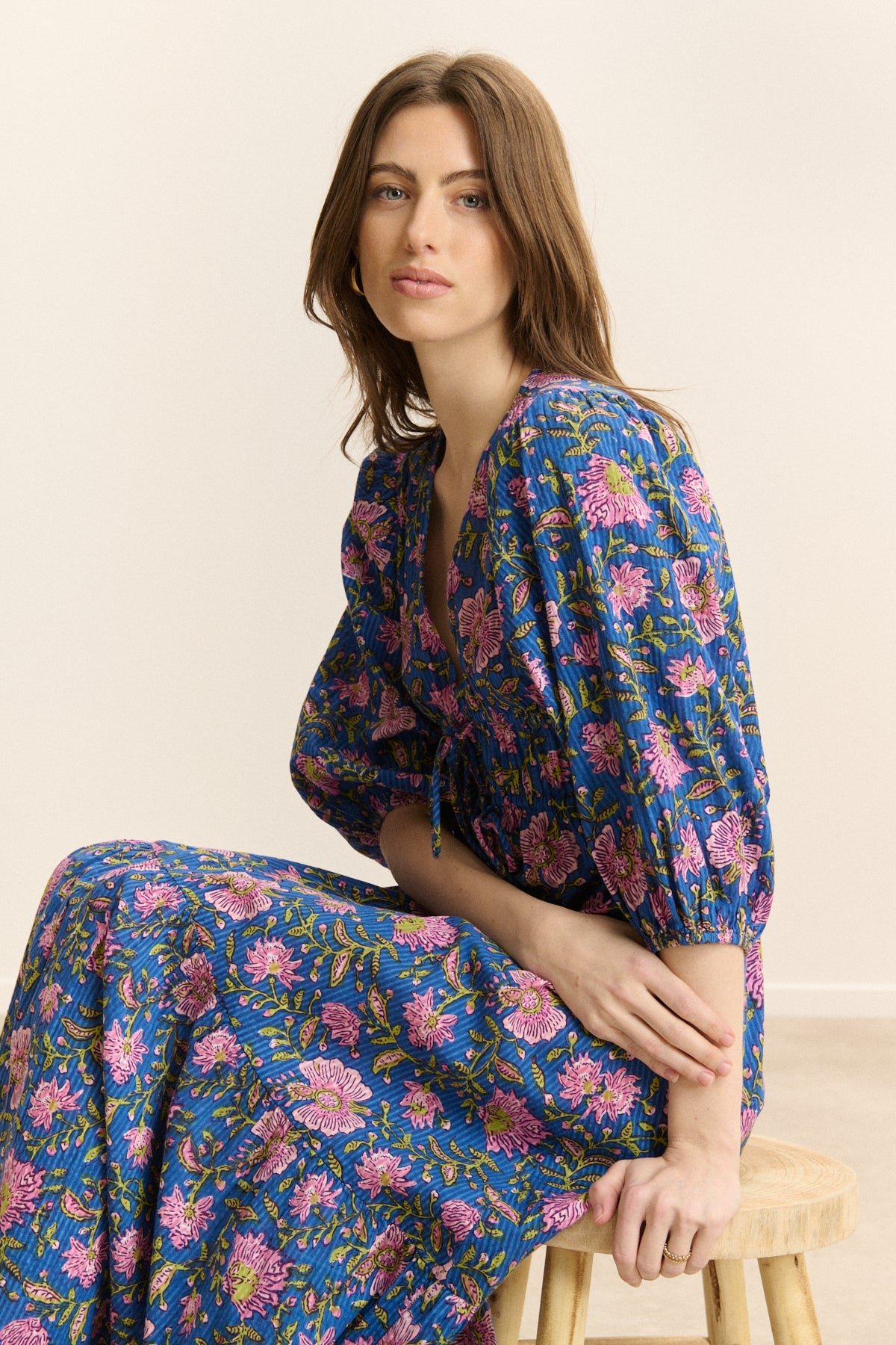 Robe midi manches 3/4 imprimée GARANCE PARIS Bleu