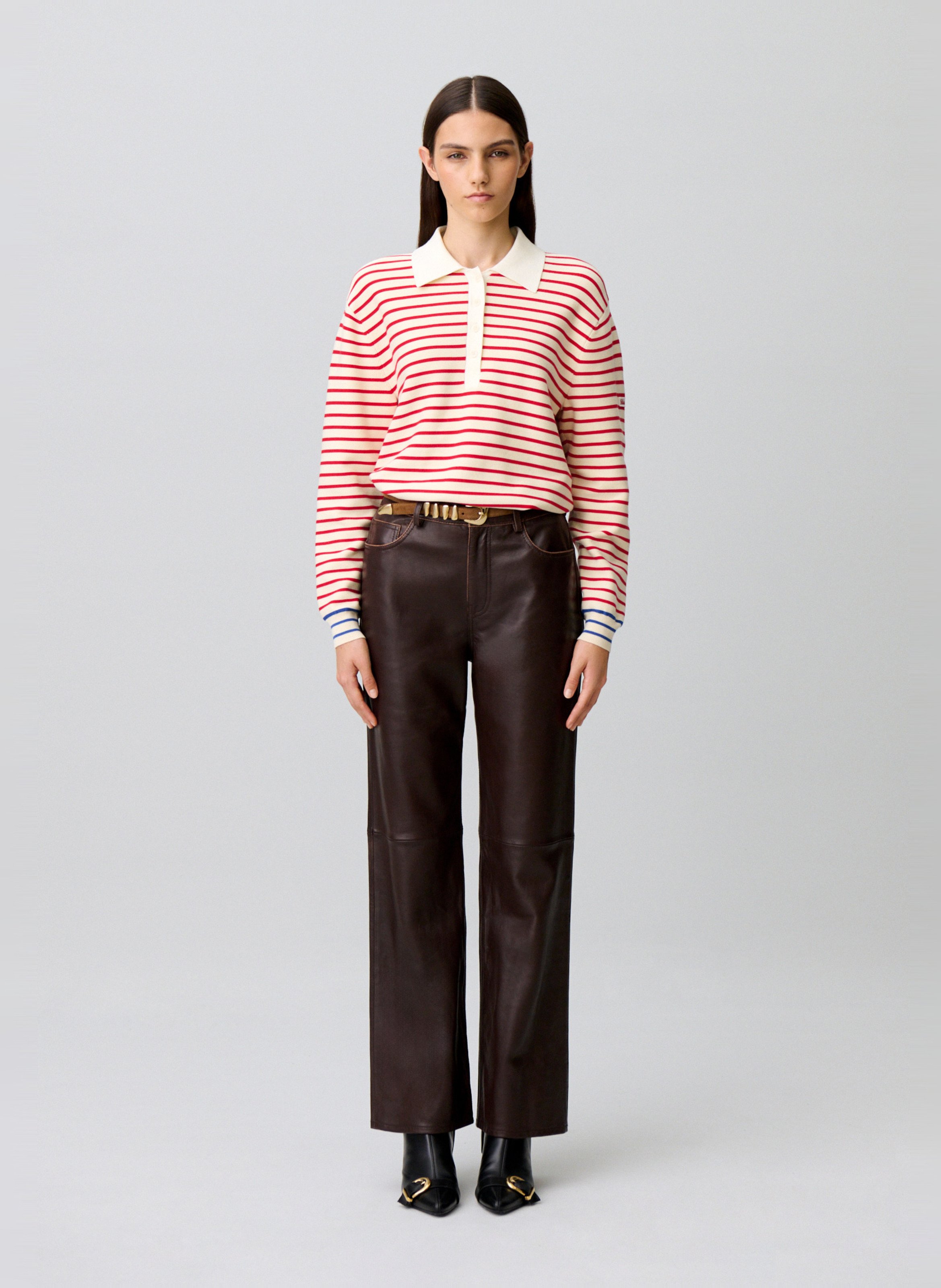 Pantalon droit uni en cuir CLAUDIE PIERLOT Marron