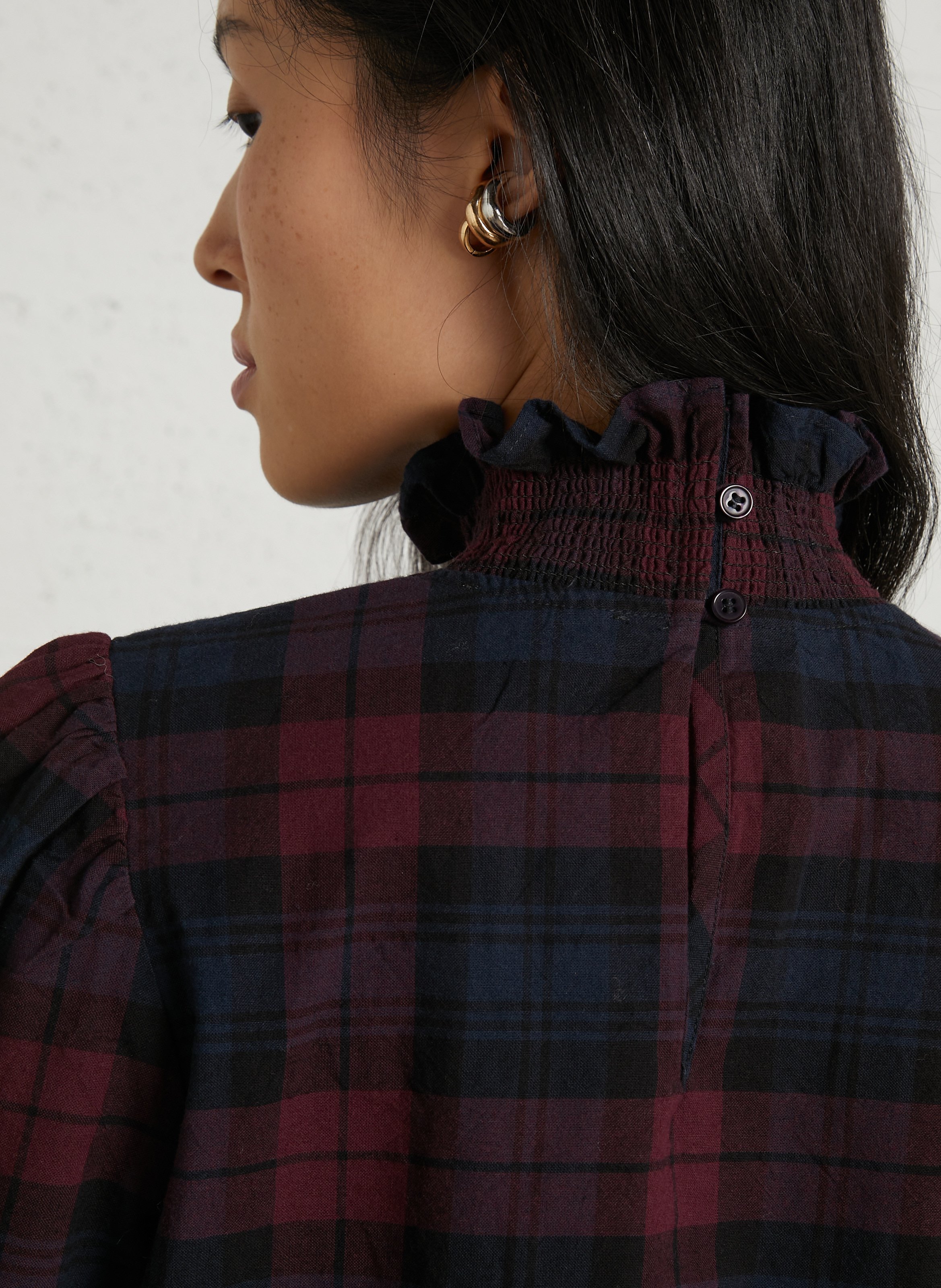 Checkered high-neck top with ruffle in cotton PETITE MENDIGOTE Blue