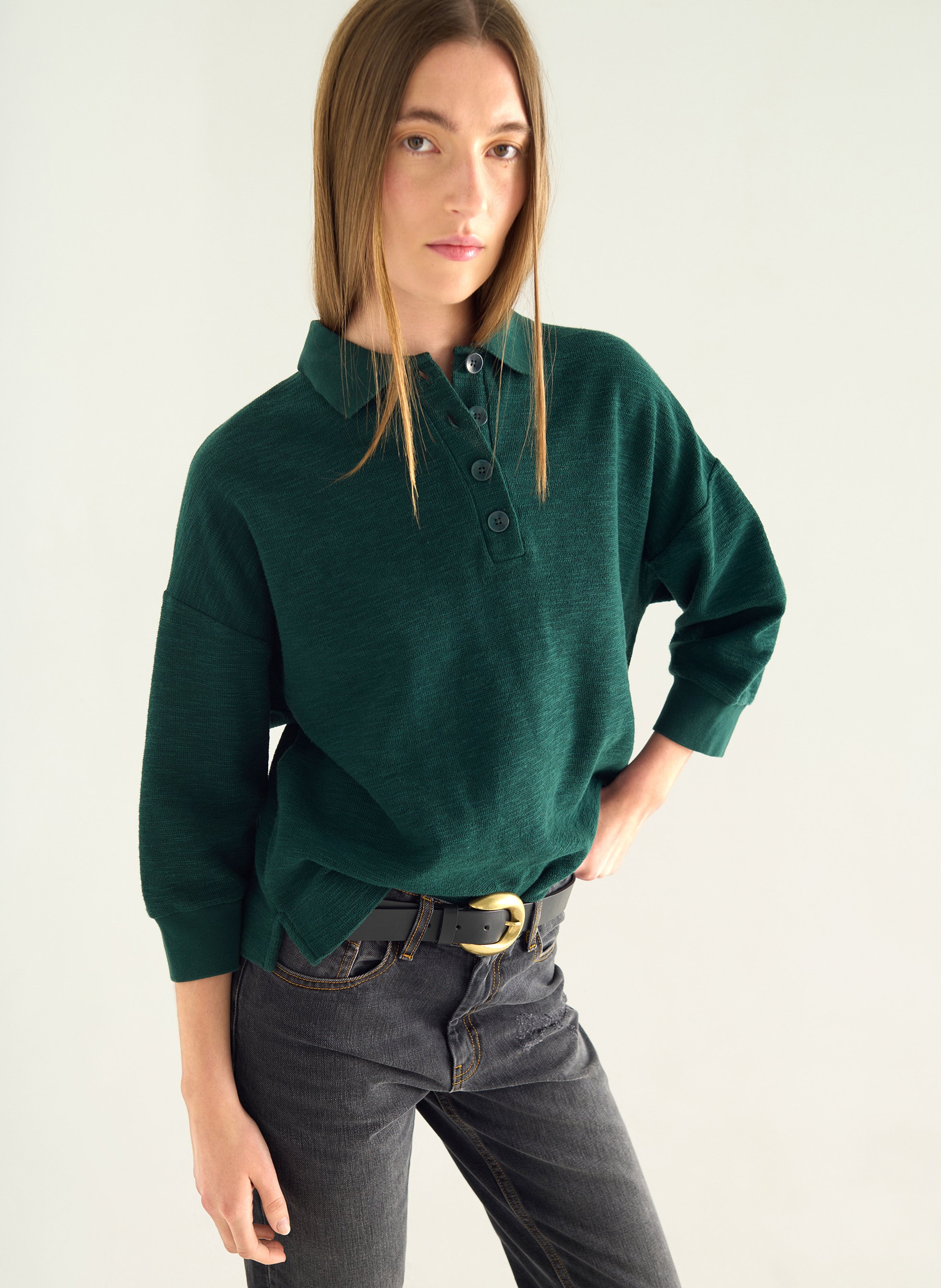 Loose fit solid 3/4 sleeve polo ACOTE Green