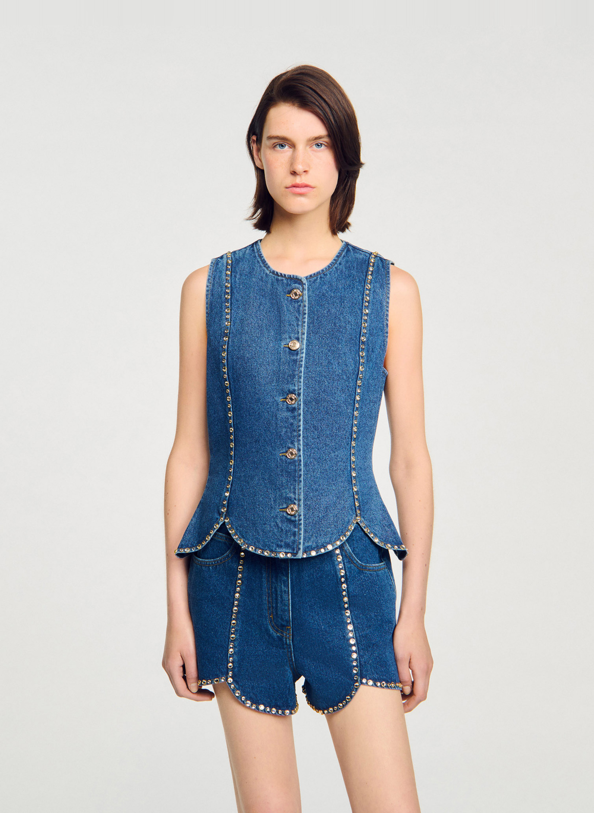 Top col rond en denim de coton SANDRO Bleu
