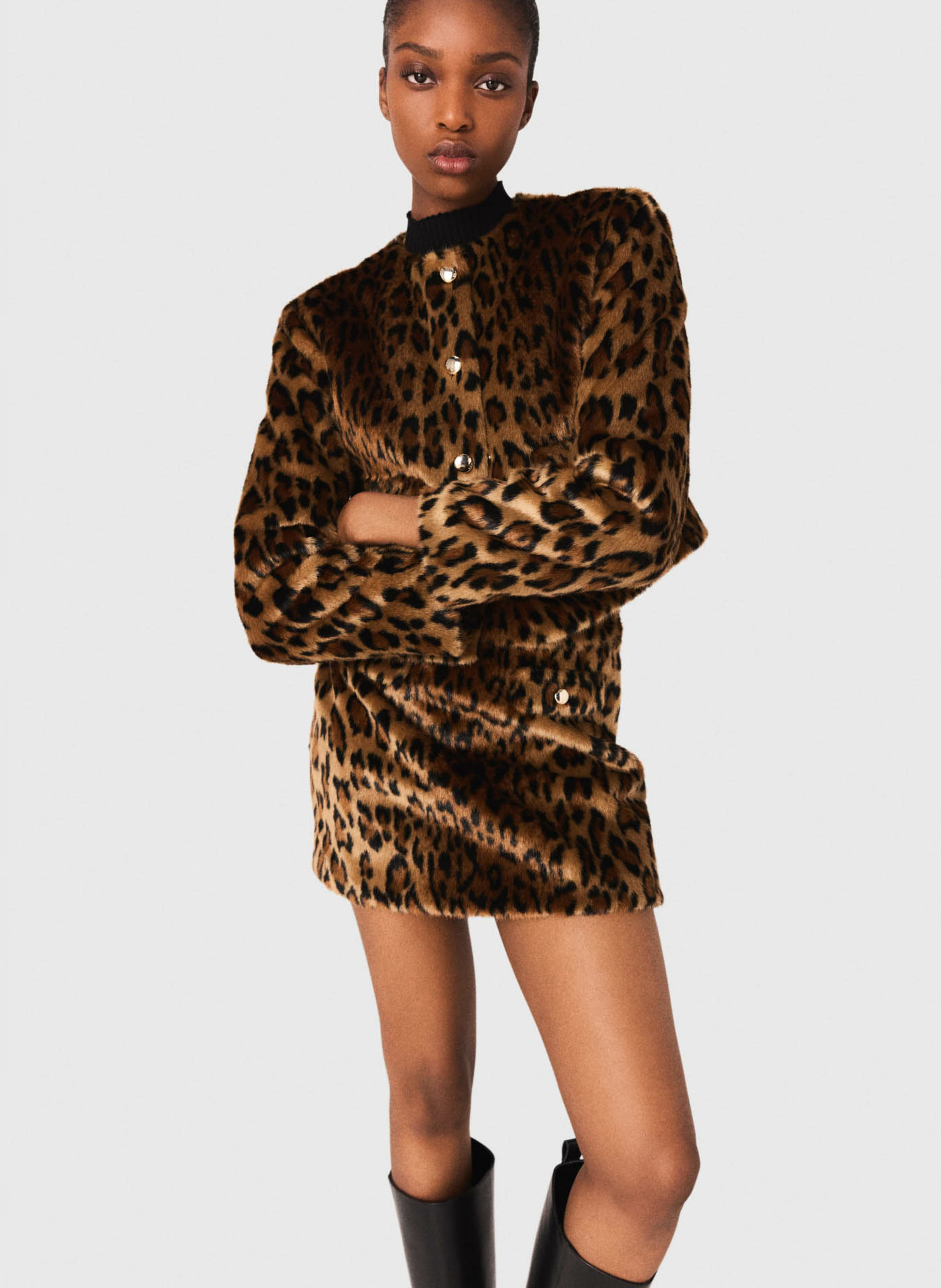 Straight jacket with round neckline in printed faux fur MAJE Brown