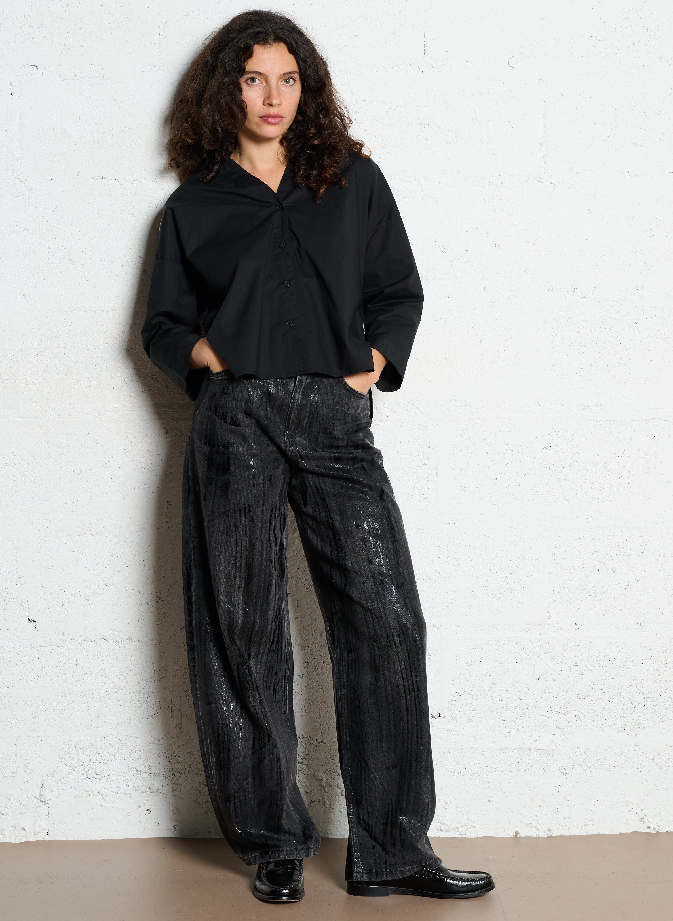 Chemise ample col V à bandes rayées LE TEMPS DES CERISES Noir