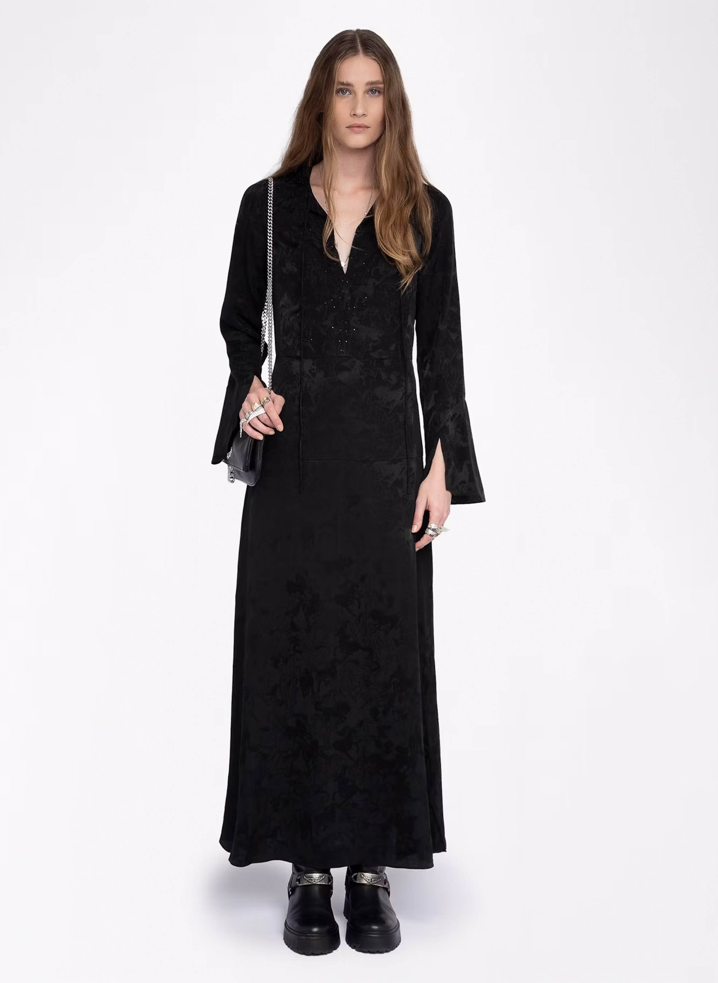 Robe longue évasée col V en soie ZADIG&VOLTAIRE Noir