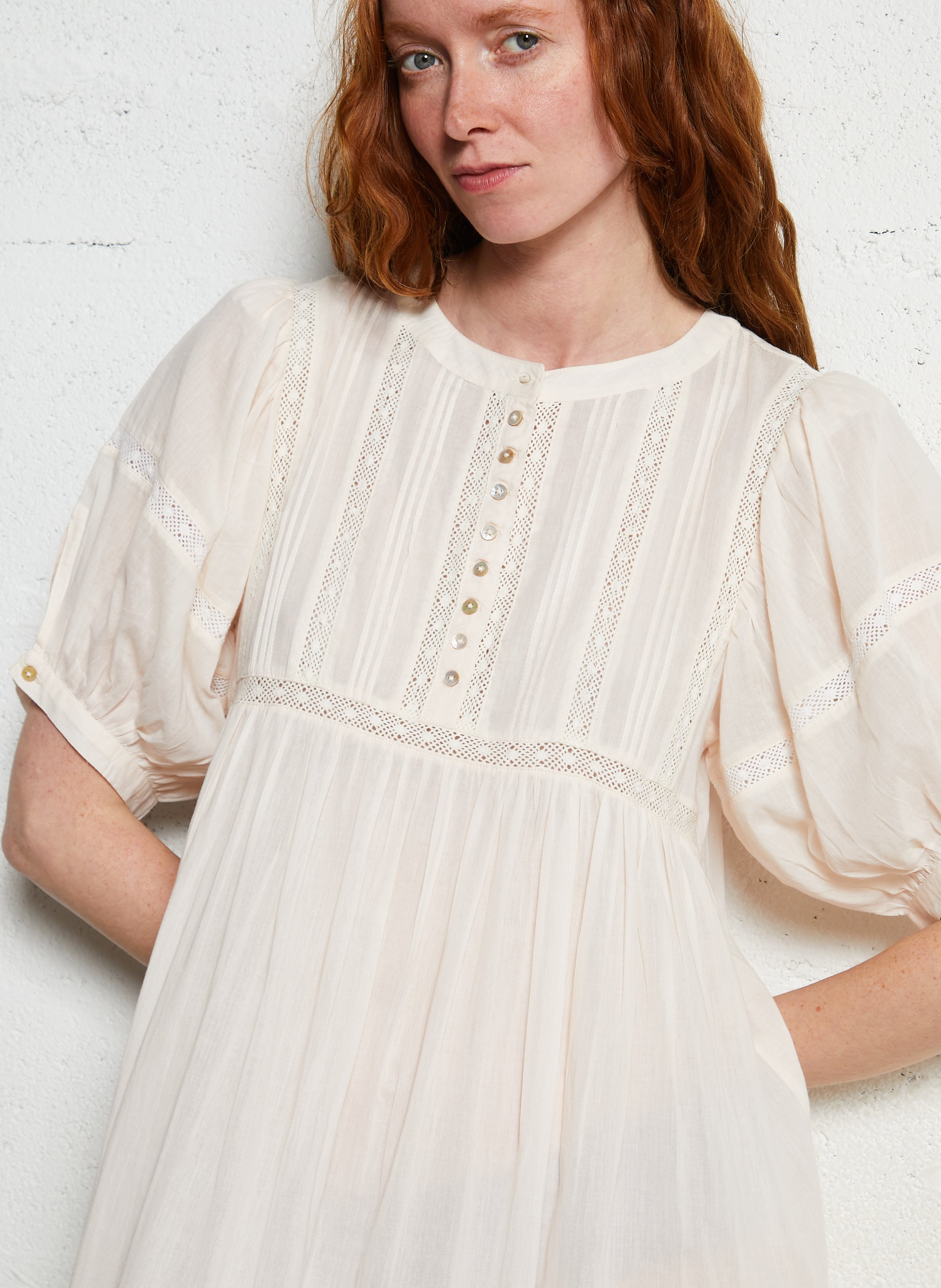 Lange jurk van zachte, luchtige katoen met ronde hals EMILE ET IDA Beige