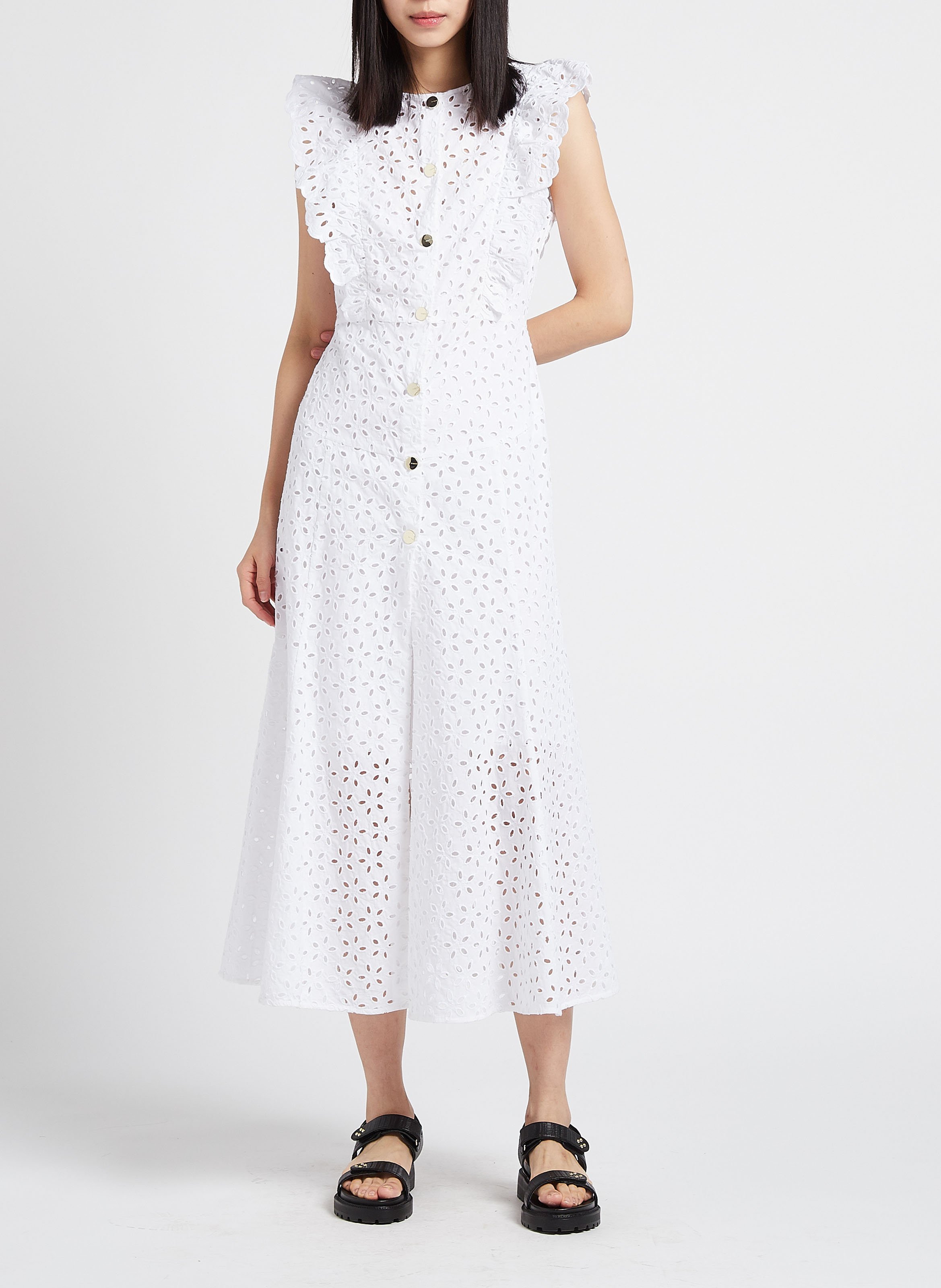 Mid-length embroidered round-neck cotton dress PINKO White