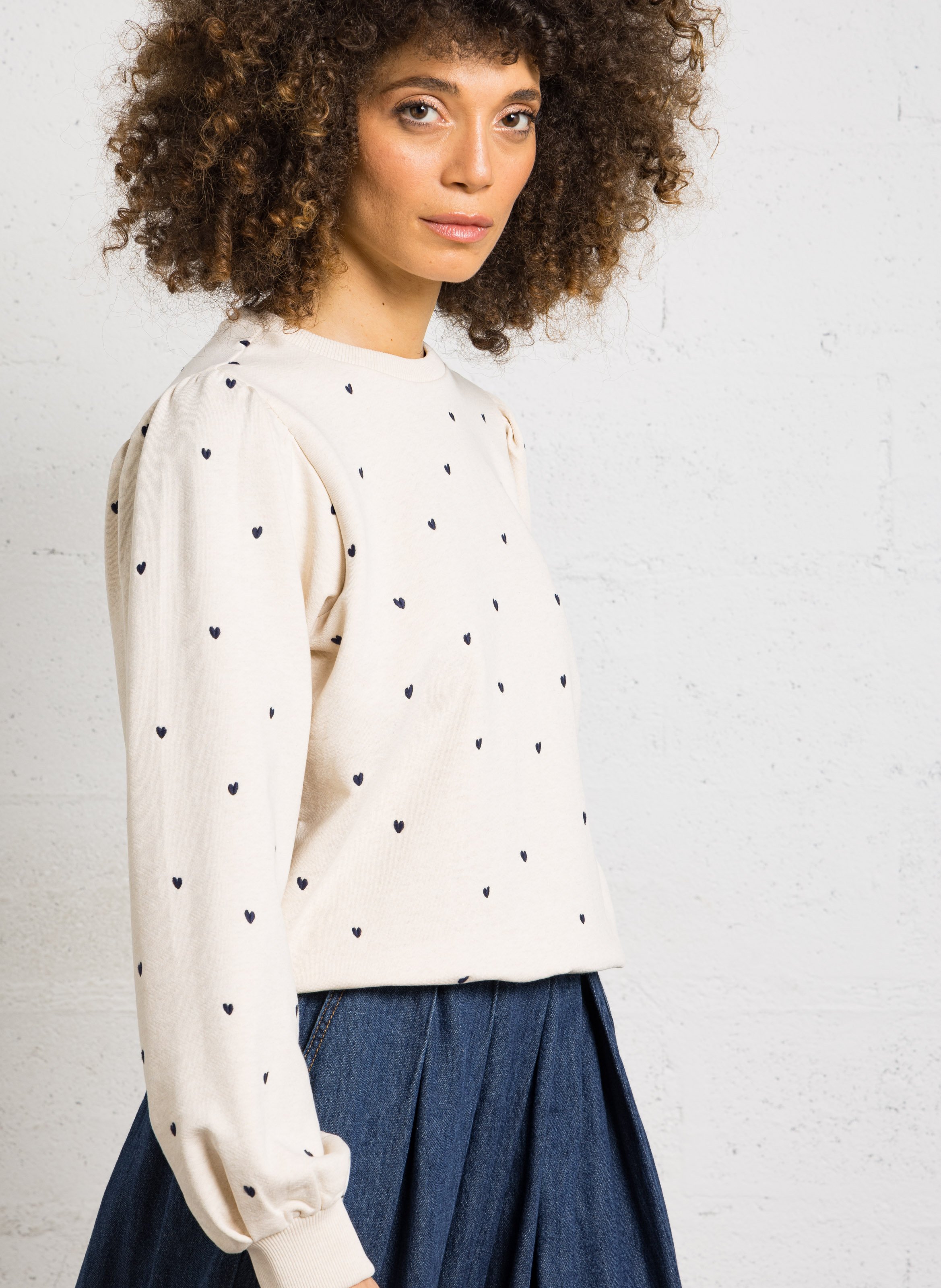 Sweat droit col rond brodé en coton FABIENNE CHAPOT Blanc