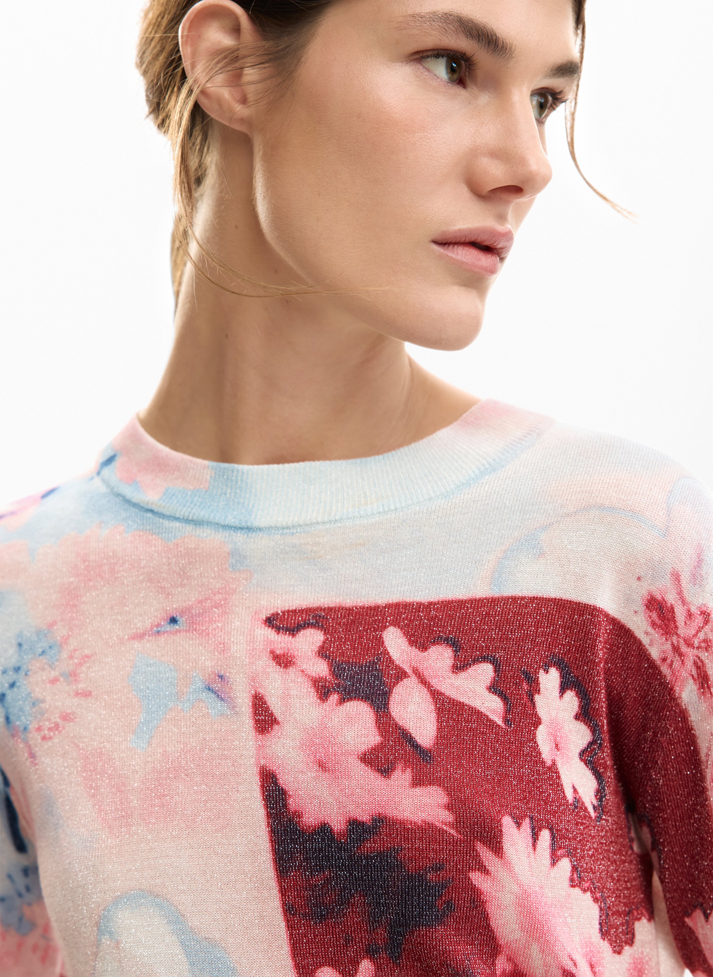 Pull col rond à imprimé floral DESIGUAL Rouge