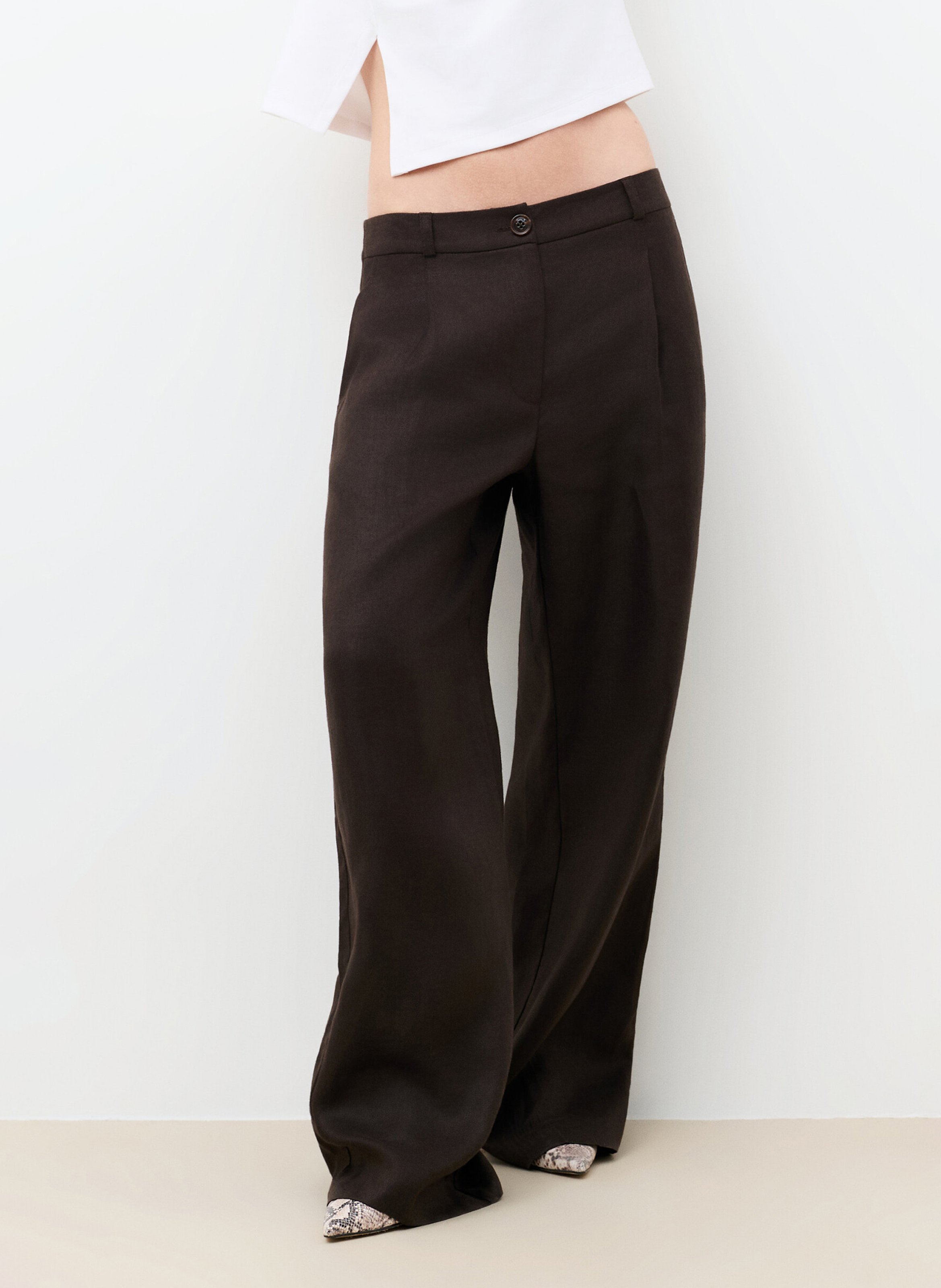 Pantalon large en lin CAROLL Marron