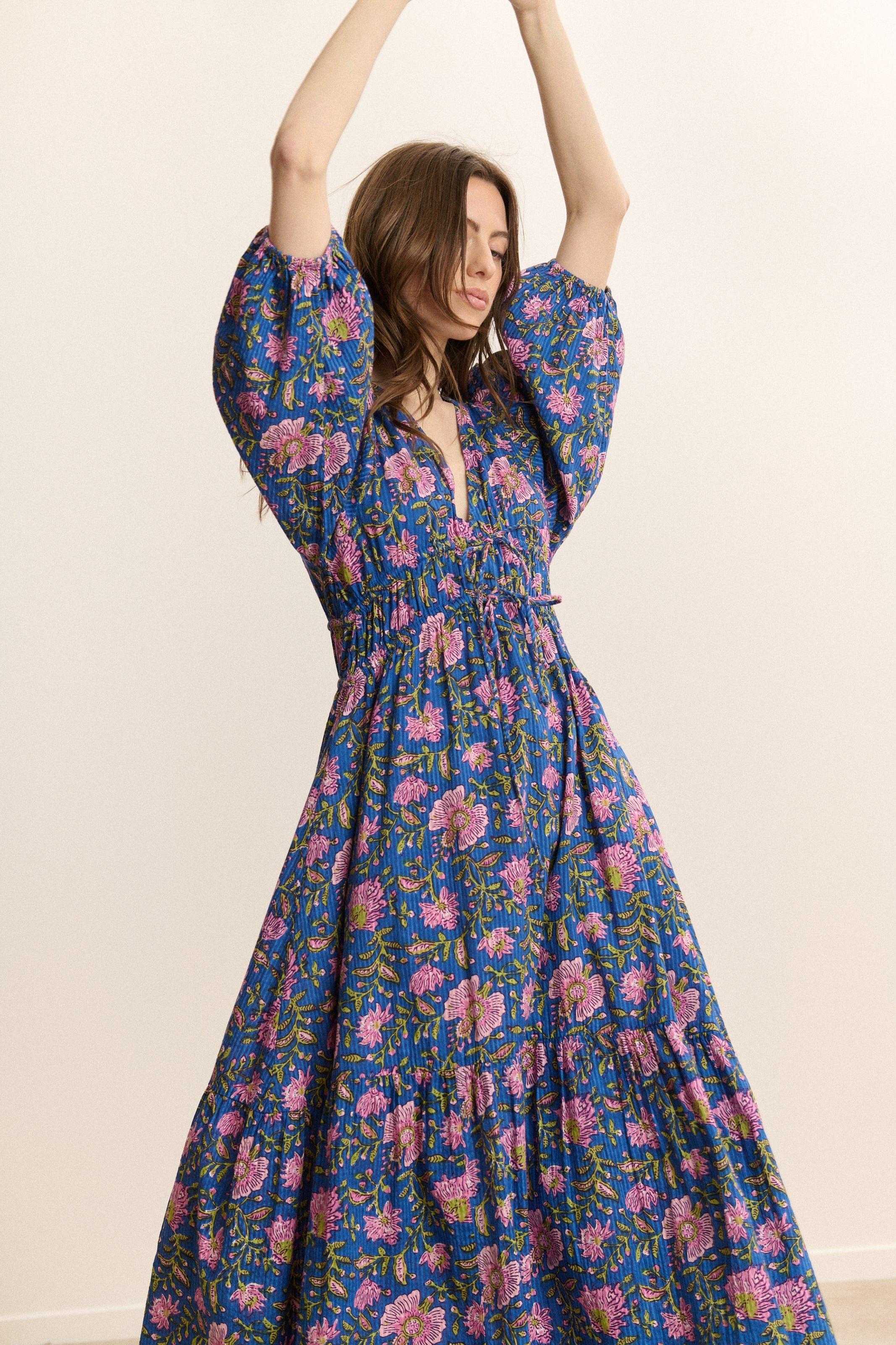 Robe midi manches 3/4 imprimée GARANCE PARIS Bleu